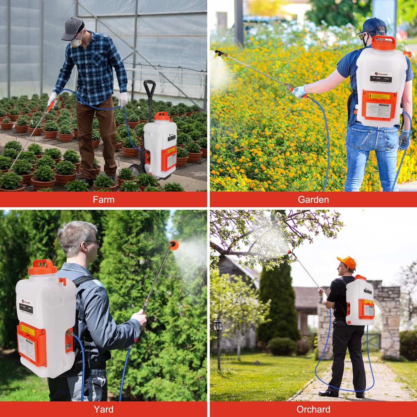 Toovem Battery Powered Backpack Sprayer 4 Gallon, Weed Yard Sprayer with Wand, Electric Backpack Garden Sprayer with Wheeled Cart for Weeding, Adjustable 0-94 PSI, 10FT Hose, 6 Nozzles