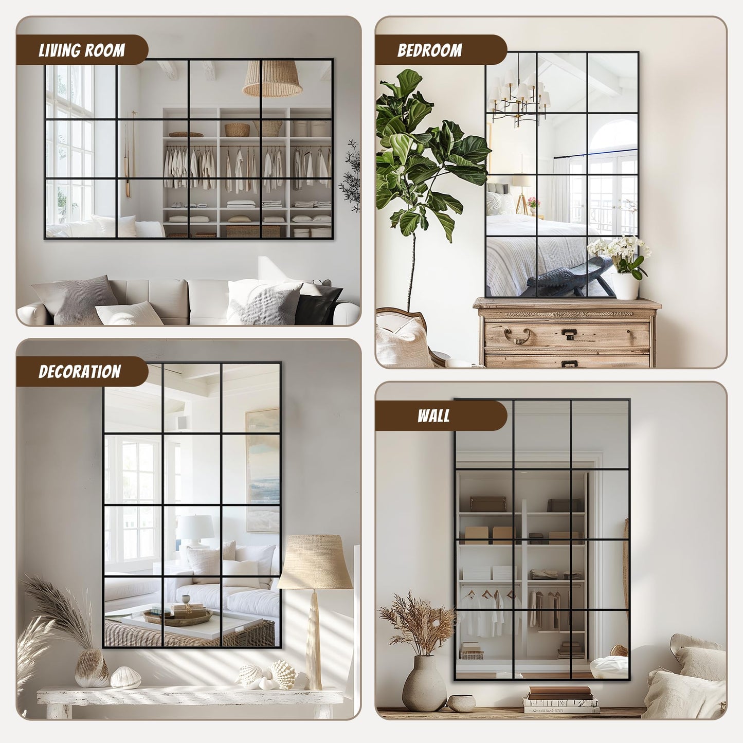 Antok Wall Mirror, 48" x 30" Window Pane Decorative Mirror, Metal Framed Wall Mounted Mirror, Hanging or Leaning for Living Room, Bedroom, Dining Room, Entryway, Black