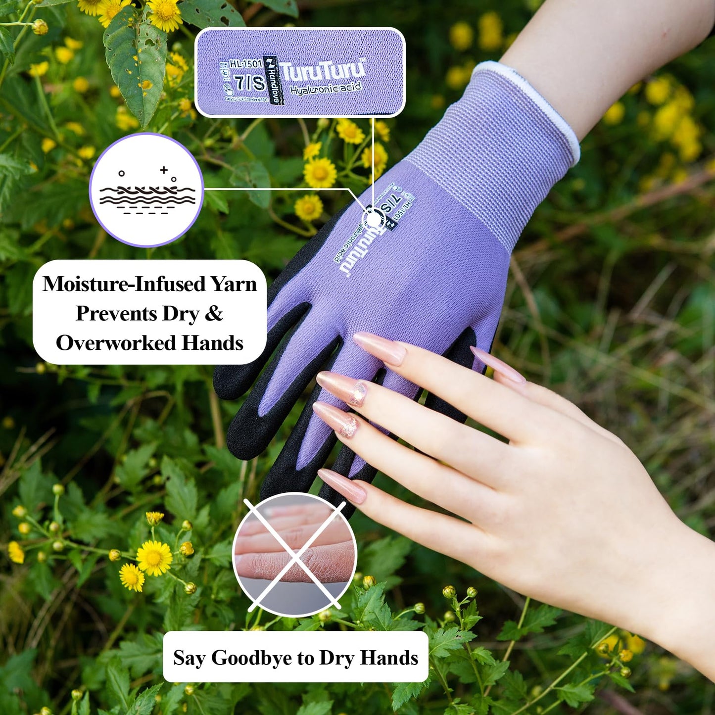 HandLove Gardening Gloves for Women, 6 Pairs, Hyaluronic Acid Moisturizing Gloves, Breathable Nitrile-Coated Grip, Latex-Free Touchscreen, for Weeding, Planting & Yard Work, Medium, Blue&Purple