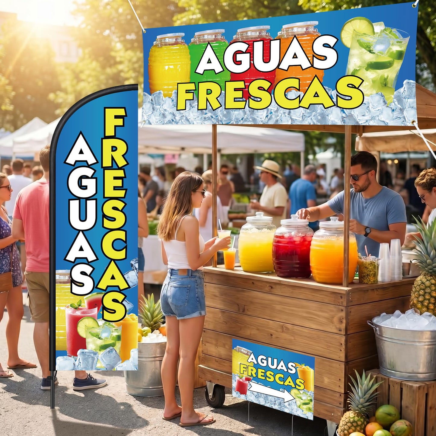 Hahafelt 5 Pcs Aguas Frescas Stand Decor Kit Swooper Feather Flag with Pole Yard Sign and Banner for Outside Advertising Business Lawn Outdoor Decorations