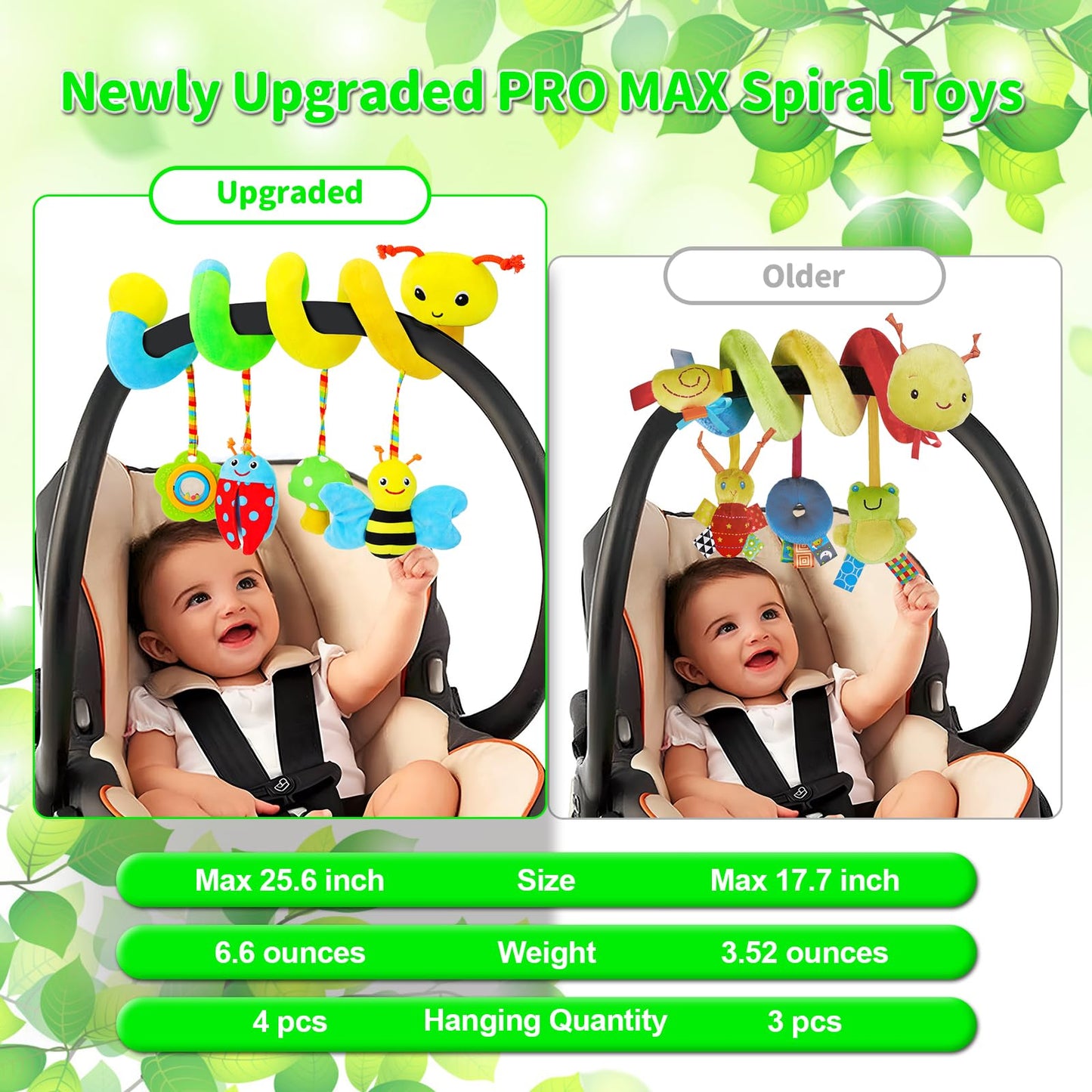 FPVERA Car Seat Toys for Babies 0-6 Months Upgraded Version Spiral Car Seat & Stroller Activity Toy, Soft Plush Hanging Toys with Rattles, Best Gift for Ages 0 and Up