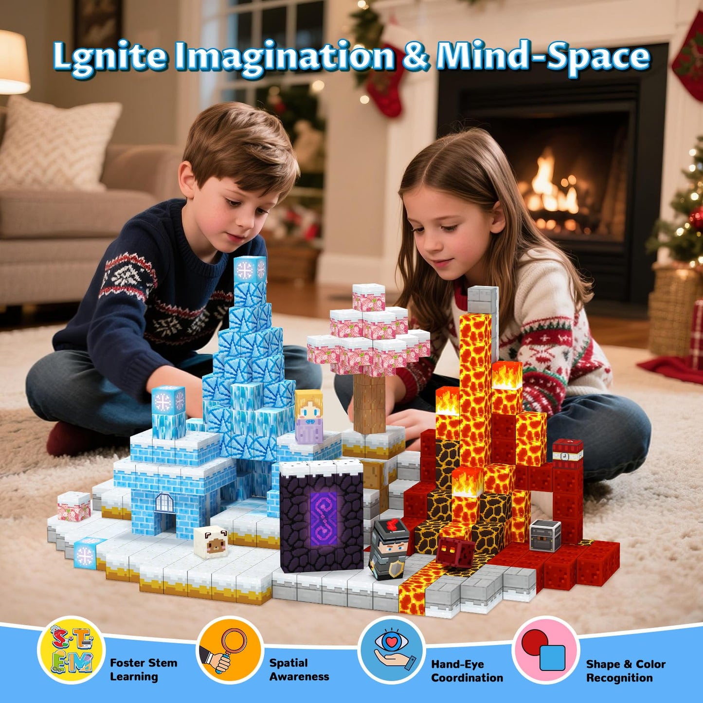 Hiwawind Magnetic Blocks Set, Ice Princess Castle & Lava Realm Fantasy World Building Toys, STEM Montessori Toys for 3 4 5 6 7 8 Year Old Boys Girls, Creative Birthday Gifts for Kids