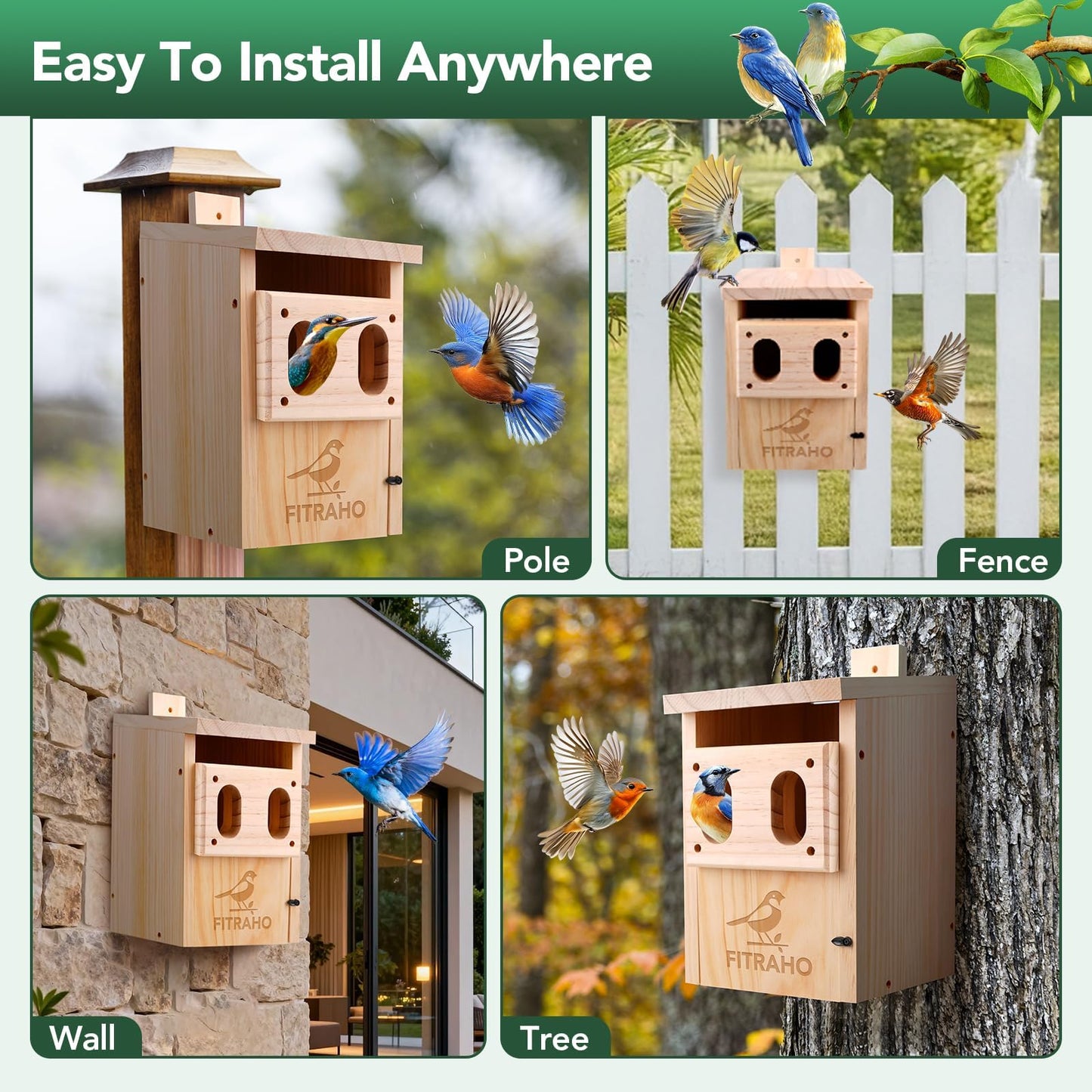 Bird Houses for Outside, Durable Birdhouse with Dual Entrances, Weatherproof & Perfect for Bluebirds, Wrens, Finches & Swallows