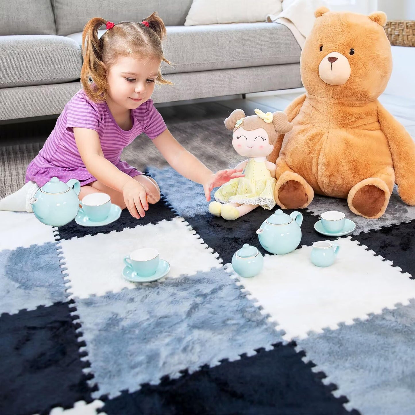 20pcs Plush Puzzle Foam Floor Mat, 11.8x11.8in Soft Interlocking Carpet Tiles,Anti-Slip Puzzle Area Rug Playmat for Room,Green
