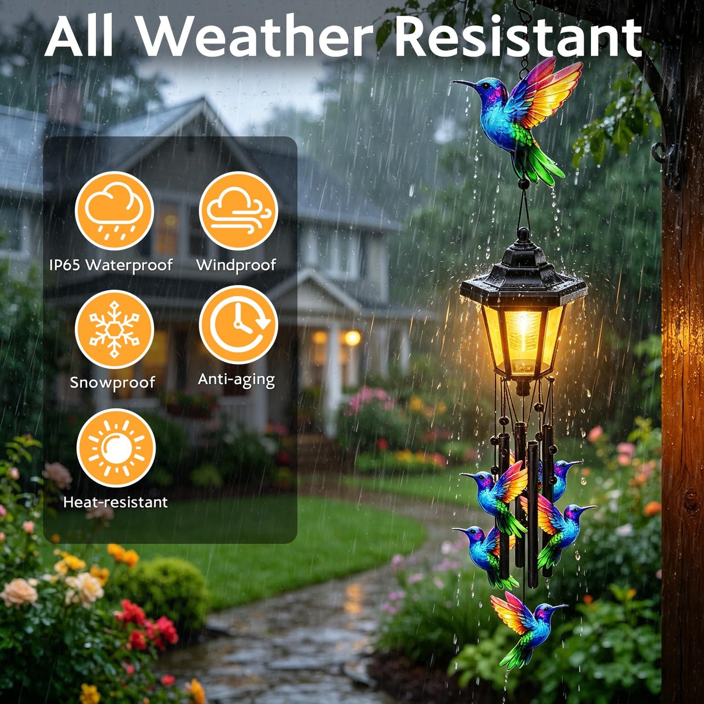 Large Solar Hummingbird Wind Chimes, Gifts for Women Mom Grandma Wife Sister Daughter Neighbor, Black Metal Wind Chimes with Wind Catcher, Solar Decor Lights for Outdoor Garden Patio Porch Window