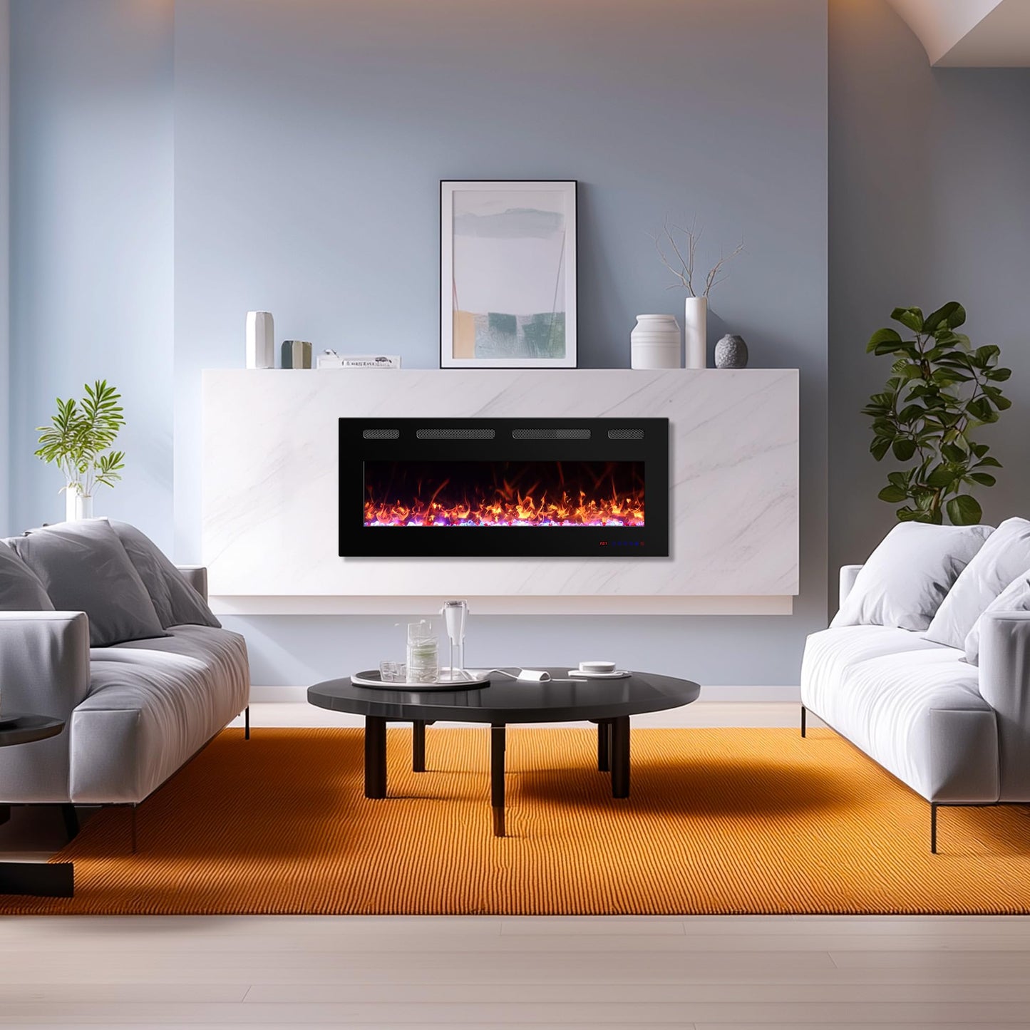 42 in Ultra Thin Electric Fireplace Insert with Remote Control 13 Flame&Flue Bed Colors, Overheat Protection and Thermostat, Low Noise Recessed&Wall Mounted Slim Fireplace Heater Chiminea with Dimmer