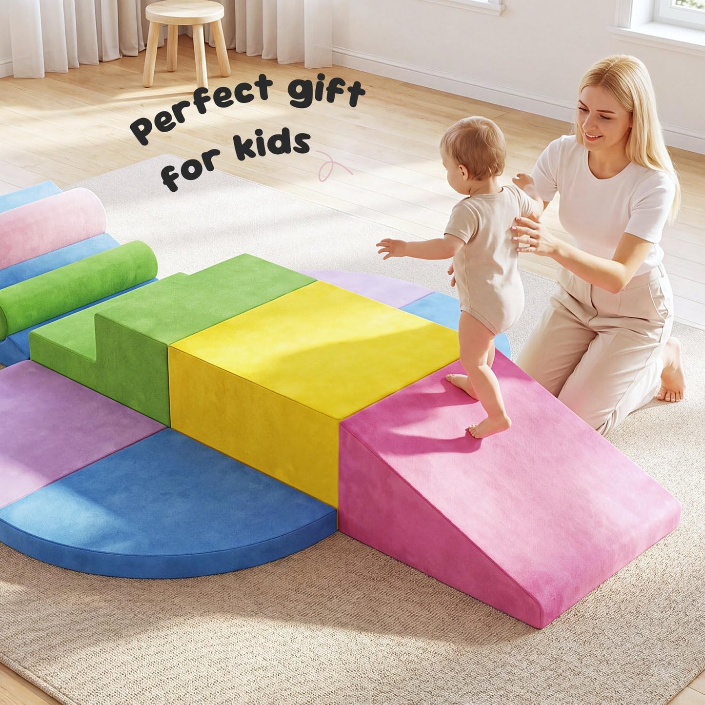 Teckid Toddler Climbing Toys 8-Piece Indoor Soft Foam Blocks Set, Safe Crawling, Climbing and Sliding Play Gym for Kids, Baby Climbing Playset