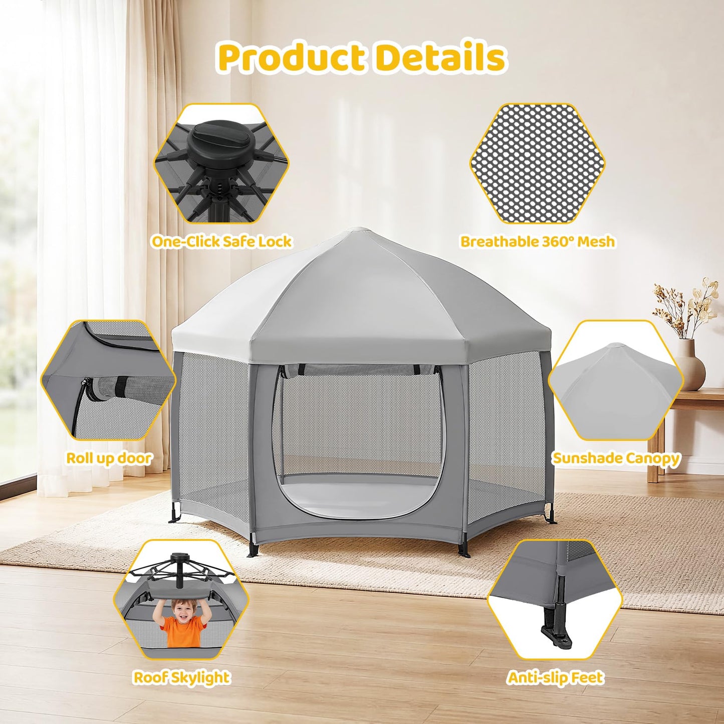 Dripex Pop Up Playpen for Babies and Toddlers with Built-in Pad & One-Click Safe Lock,Foldable Indoor/Outdoor Playpen with Roll-Up Door &Top Mesh Window, Portable Travel Play Pen &Baby Beach Tent,Grey