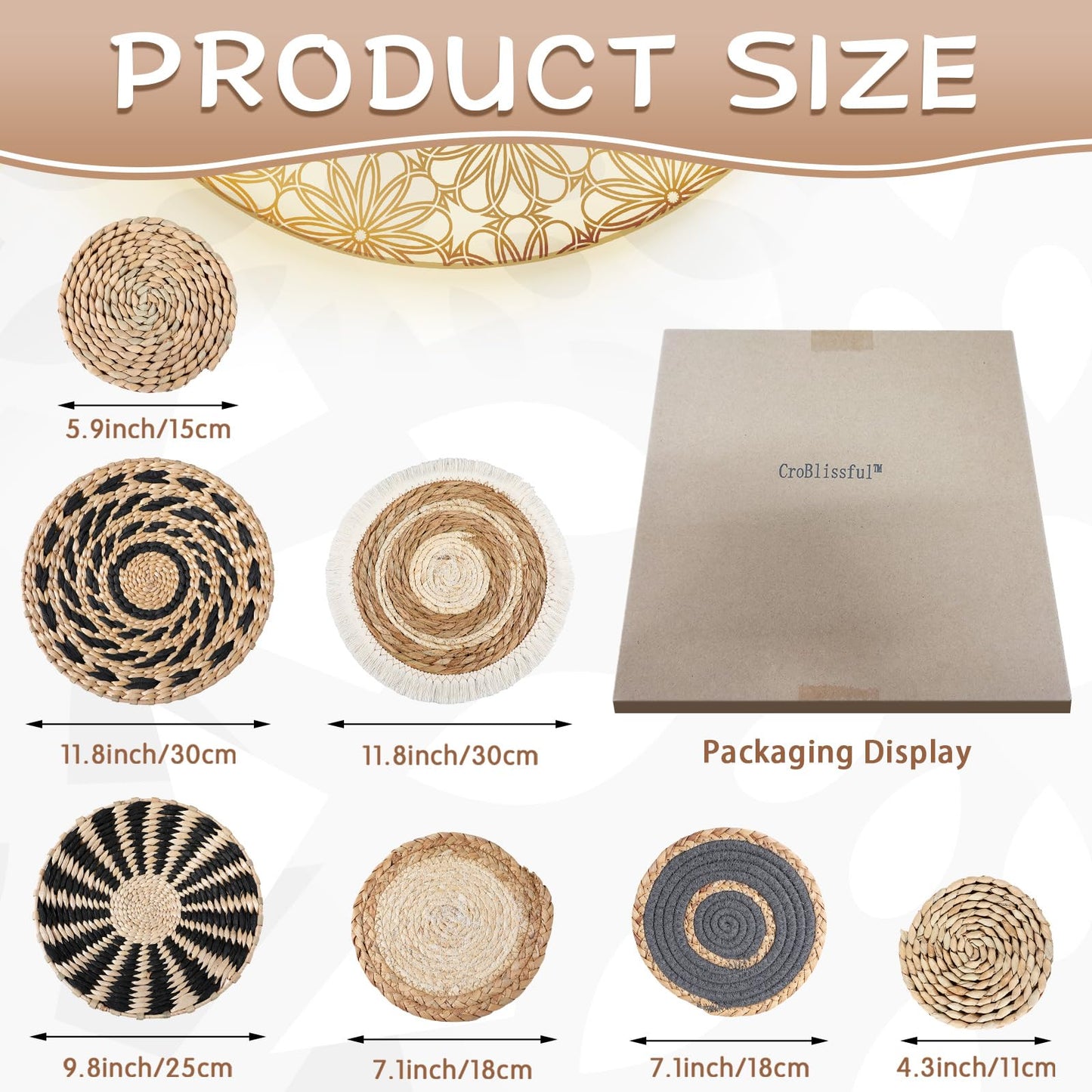CroBlissful 7 Pcs Boho Wall Basket Decor Hanging Handcrafted Seagrass Woven Round Bohemian Basket Wall Decoration Art for Farmhouse Home Room Rustic Decorations Table, Multi Sizes(Classic)