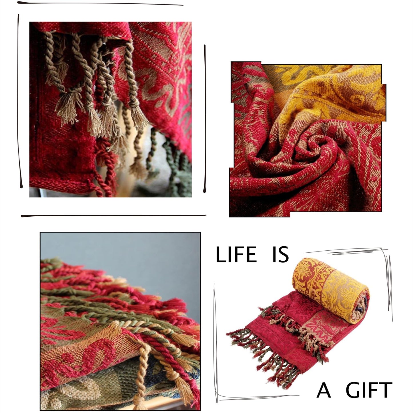 Boho Throw Blanket, Chenille Jacquard Tassels Throw Blankets for Bed Couch Soft Chair, Bohemian Fringe Tassels (Red, S:60x75