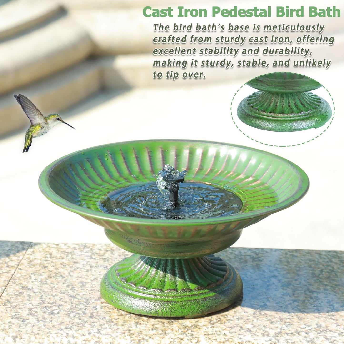Solar Fountain Bird Bath,Cast Iron Pedestal Bird Bath with Solar Powered Fountain,Bird Bath Bubbler for Garden, Patio & Yard.
