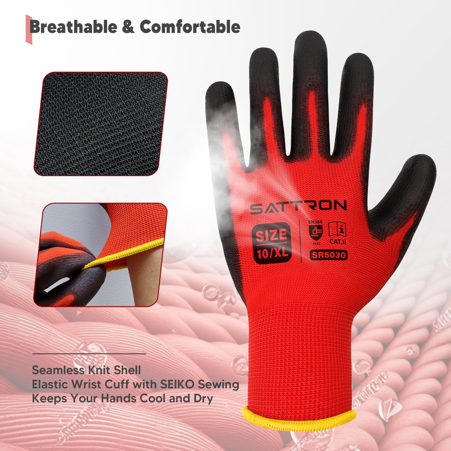 SATTRON Safety Work Gloves PU Coated, 12 Pairs Seamless Knit Gloves with Polyurethane Coating Working Gloves Excellent Grip for Men & Women, Breathable, Ideal for General Duty Work DIY (Red, Large)