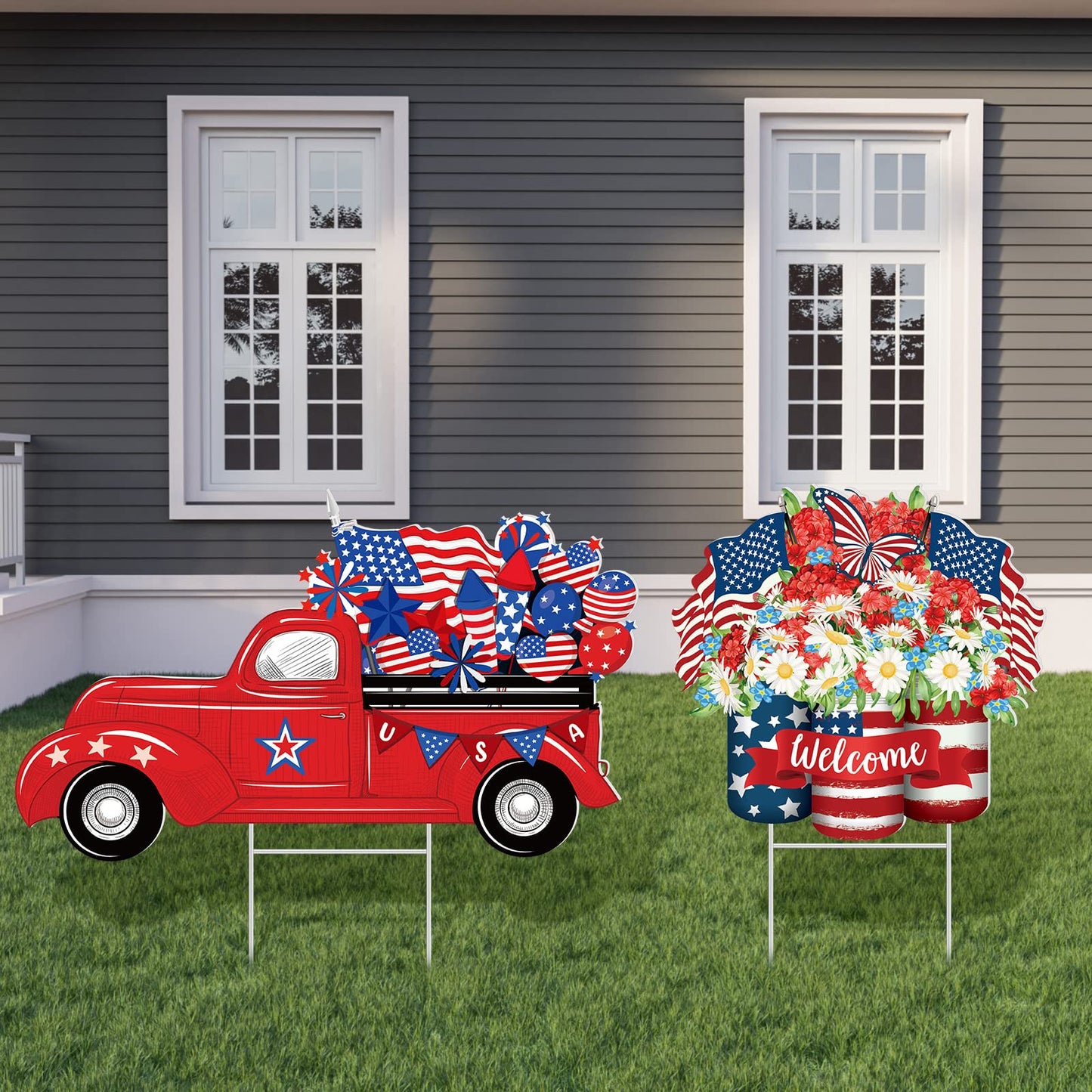 2 Psc 4th of July Yard Sign Patriotic Decorations Outdoor 250th Anniversary Memorial Day Welcome Sign with Stakes Weatherproof Independence Day Truck Flower Home Yard Decor for Garden Lawn