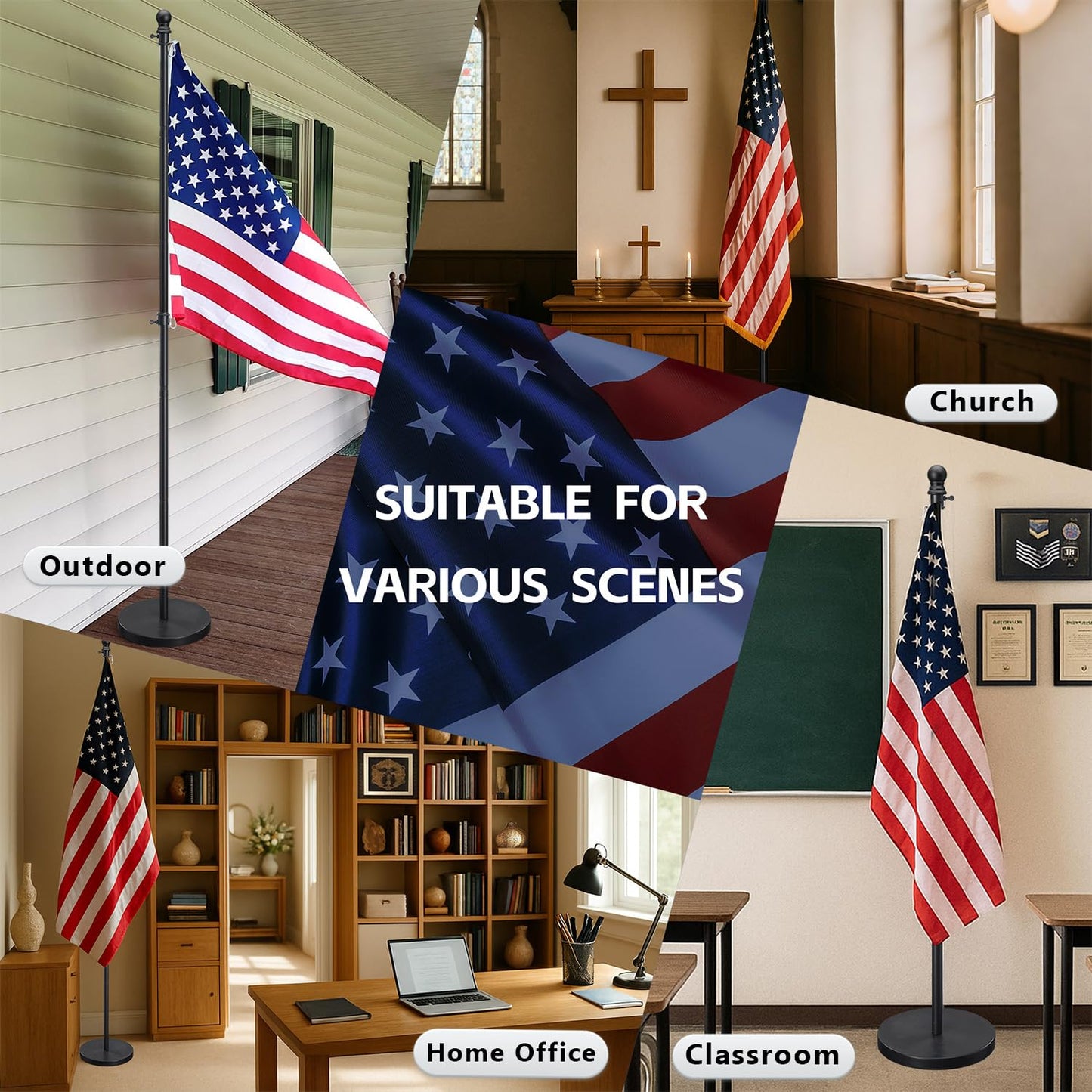 Flag Stand Indoor - 1" Heavy Duty Metal Flag Pole Set with Base,6-8ft Adjustable,Portable & Free Standing For Office,Conference Room,Classroom,Entryway,Outdoor Porch Deck (Black)