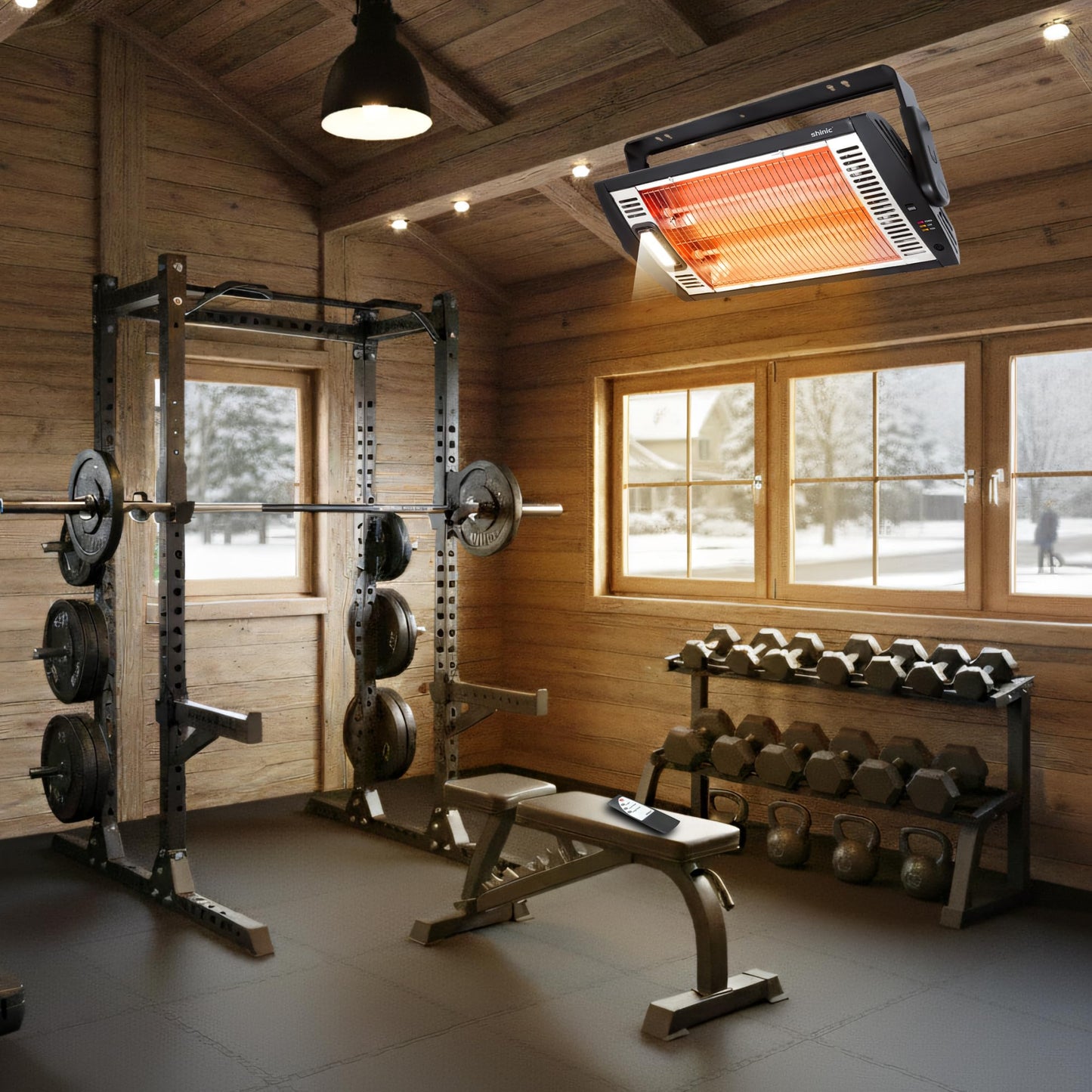 Shinic Electric Garage Heaters with Remote Control, 1500W/750W Ceiling Mounted Radiant Quartz Heater with Work Light, 90° Rotation, 5 Mode Settings, Electric Heater for Garage, Shop, Patio Large Room