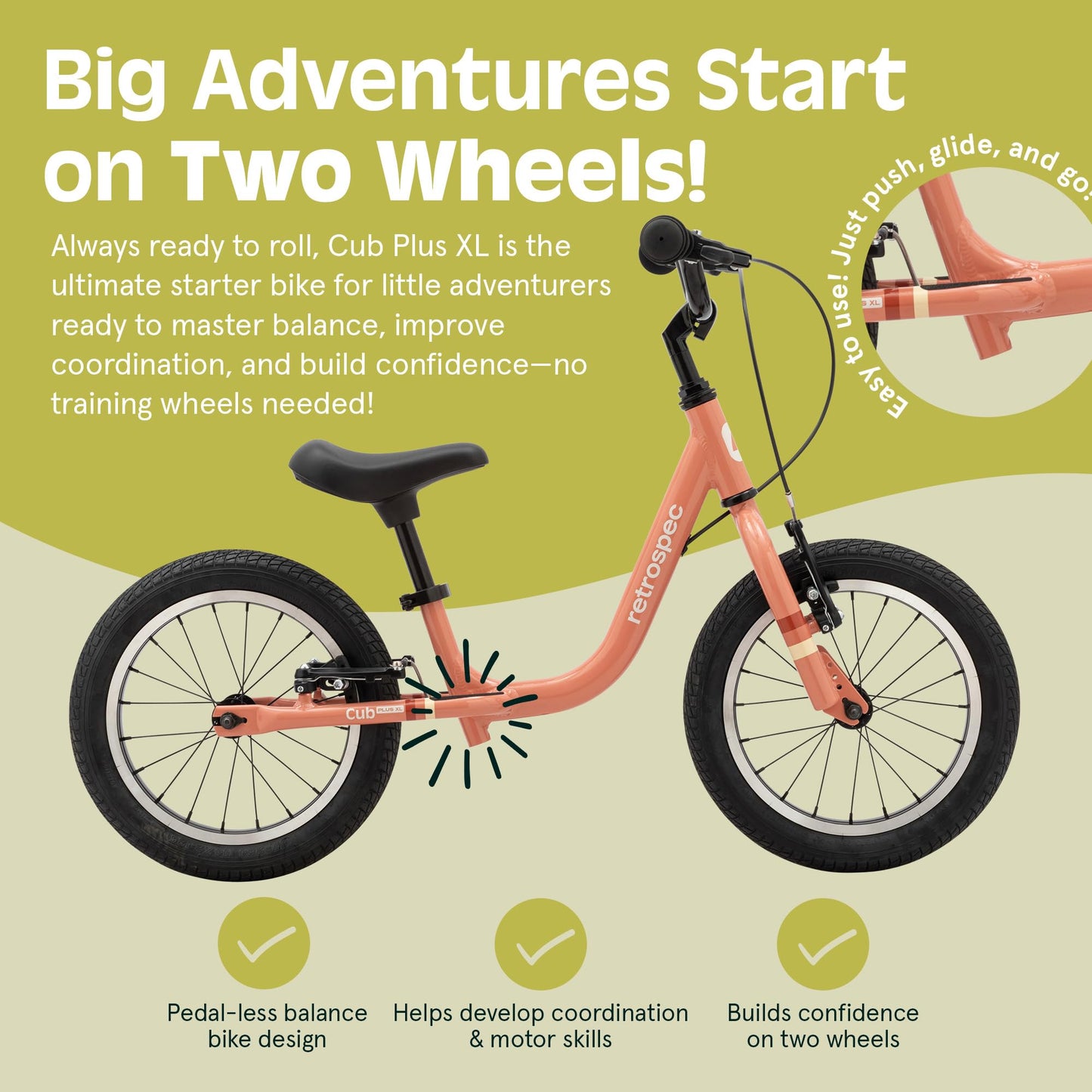 Retrospec Cub Plus XL Kids Balance Bike - 14in Outdoor Toddler Bike with Adjustable Height 15-21in - Lightweight Aluminum Frame & Hand Brakes for Ages 4-6 - Training with Air Tires