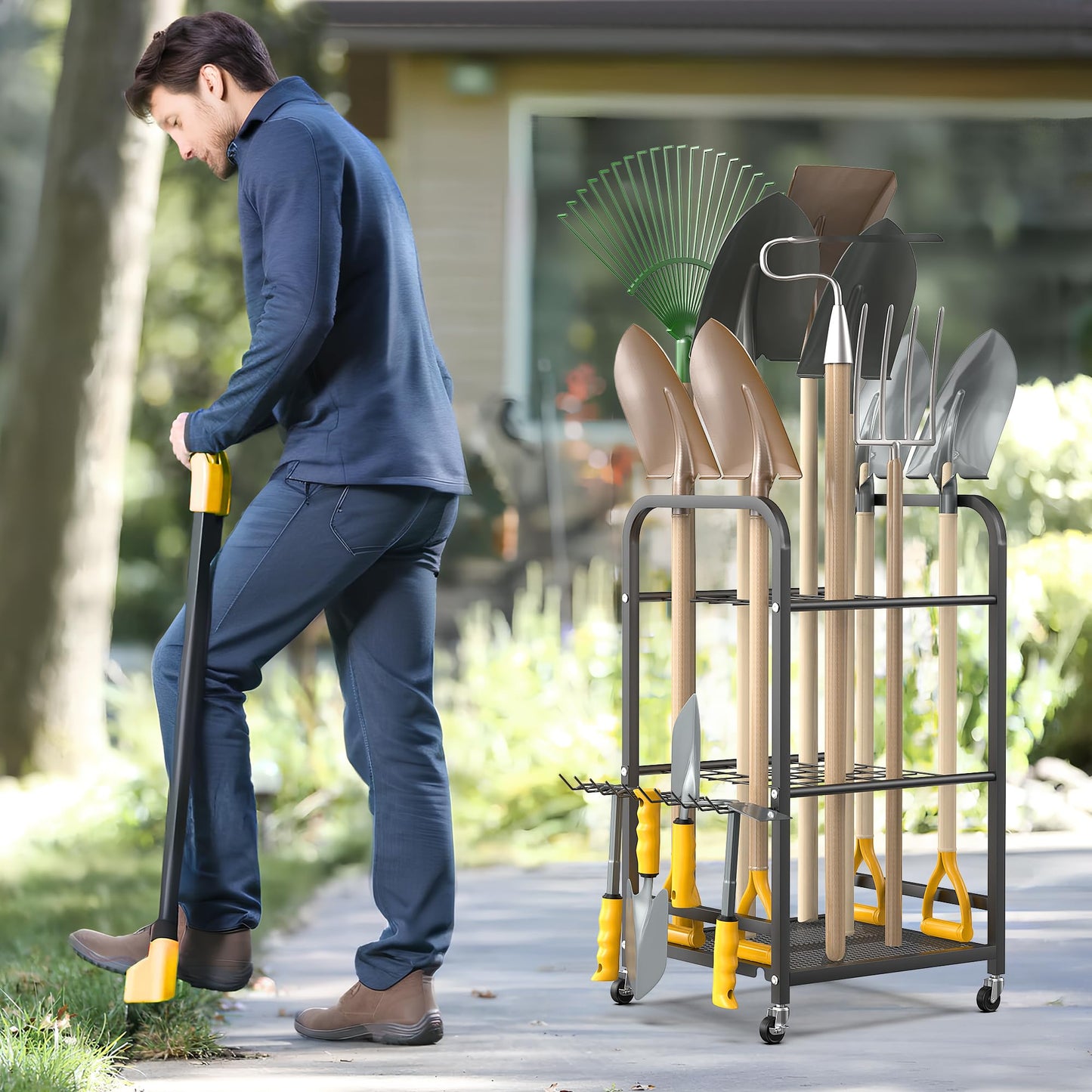 Ultrawall Garden Tool Organizer Stand, Yard Tool Storage Rack with Lockable Wheels, Garage Tool Storage for Rake, Brooms, Indoor & Outdoor Use