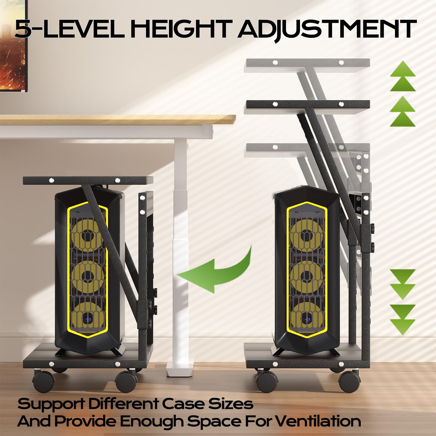 Tyfnry 24In Large PC Stand, 5 Levels Height Adjustable Computer Tower Stand with Wheels and Hooks, CPU Holder Cart for Floor, Carpet and Under Desk, Easy Assembly(NOT Including Power Strips)