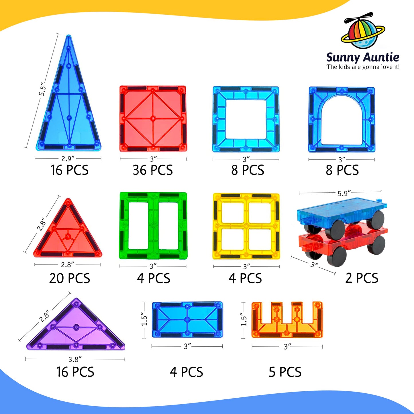 SUNNY AUNTIE Magnetic Tiles 123 PCS with 2 Cars & Storage Bag – Magnetic Building Tiles STEM Toy for Kids Ages 3-8, Magnet Construction Set for Boys & Girls