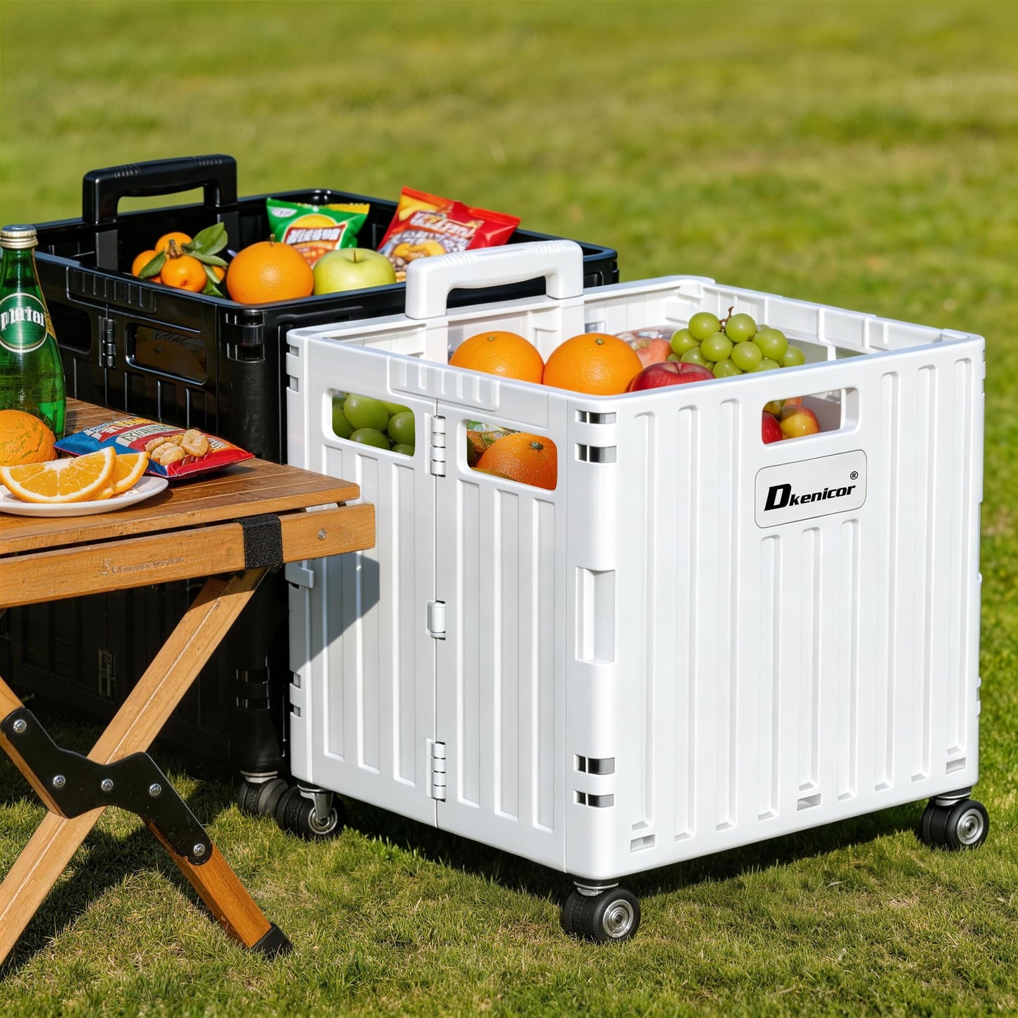 Dkenicor Folding Utility Cart, Portable Rolling Crate Handcart Collapsible Shopping Trolley with Lid, Foldable Tool Box Basket with 4 Rotate Wheels for Grocery, Office, Luggage, School - White