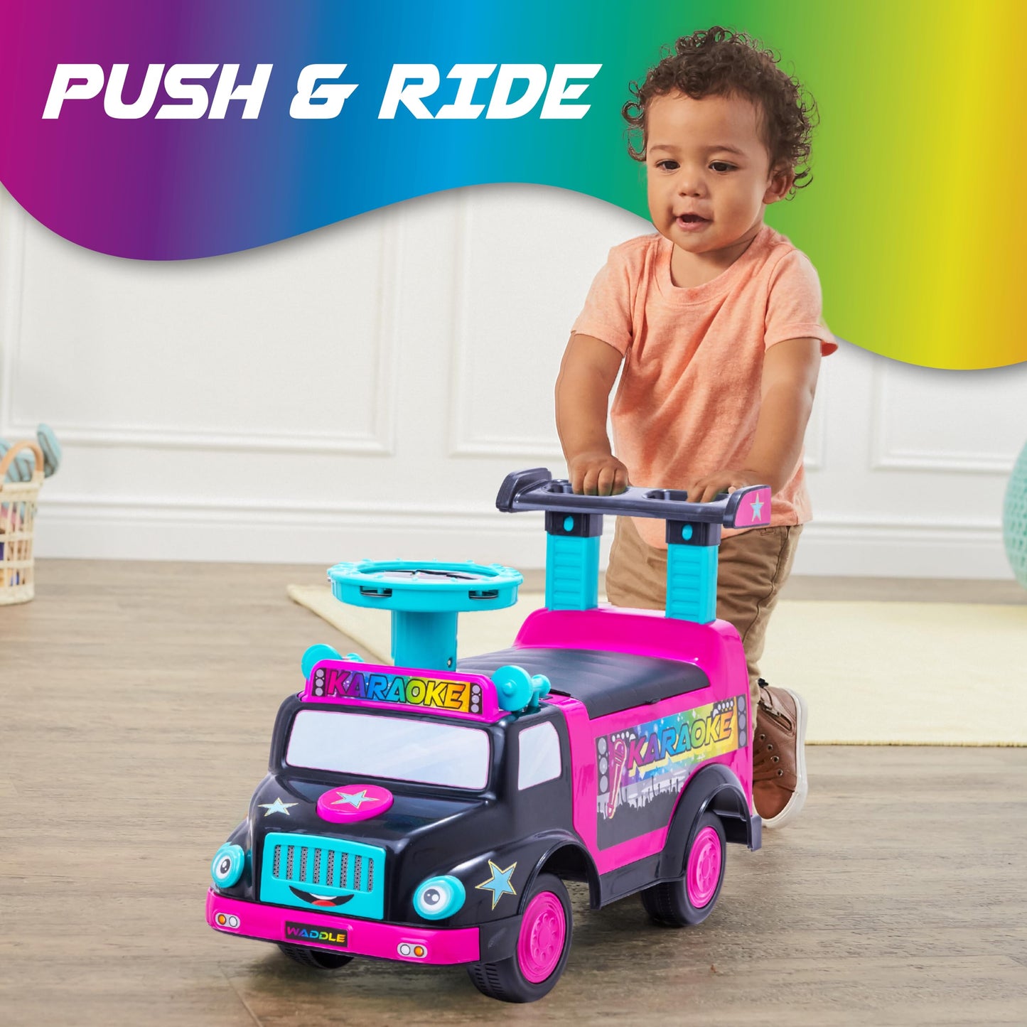 Toddler Ride On Toy - Push Car, Interactive Musical Toys for Toddlers 1-3 with Microphone, Keyboard & Drumsticks, Toddler Activities, Foot to Floor, Durable Baby Car, Easy Assembly, Baby Toy