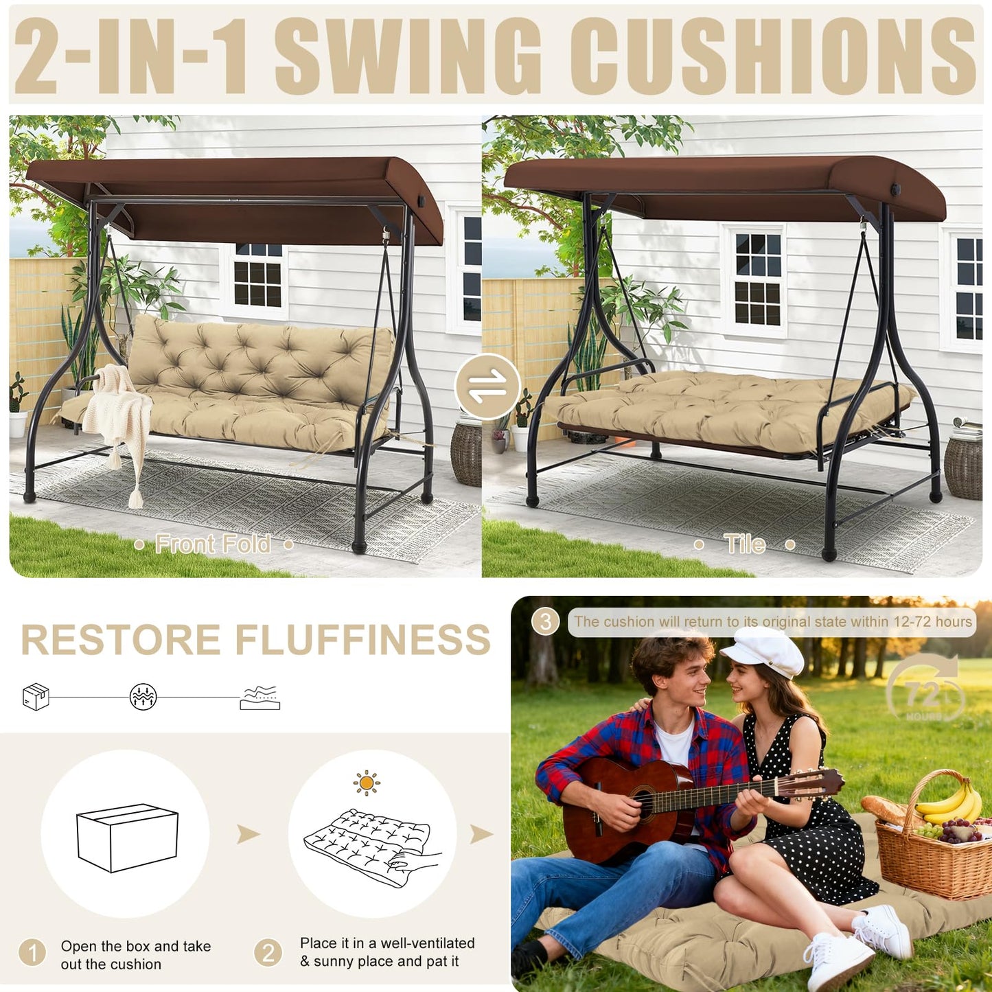 Porch Swing Cushions Outdoor 60 inch x 40 Waterproof Swing Cushions 3 Seater Replacement with Backrest & 8 Ties 5" Thick Bench Swing Cushions for Outdoor Furniture Patio(Khaki)