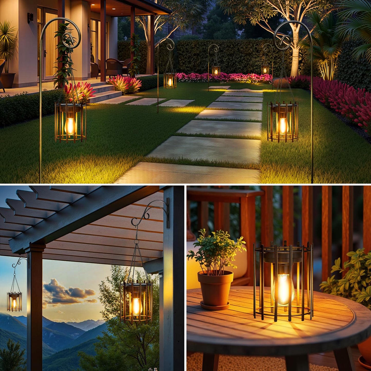KOOPER Solar Lanterns Outdoor Waterproof, Upgraded Bright Hanging Solar Lights Outdoor Lanterns Decorative, Auto ON/Off Metal Hanging Lantern Lights for Proch Yard Patio Garden Decor 2 Pack