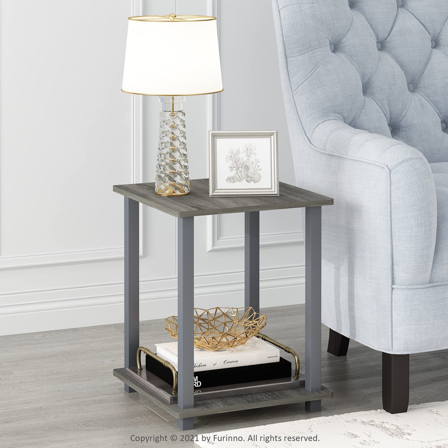 Furinno SIMPLISTIC Side Table Set of 2, 2-Tier Square Modern End Table, Nightstand, Night Stand, Bedside Table, Toolless Assembly, for Living Room, Bedroom, French Oak