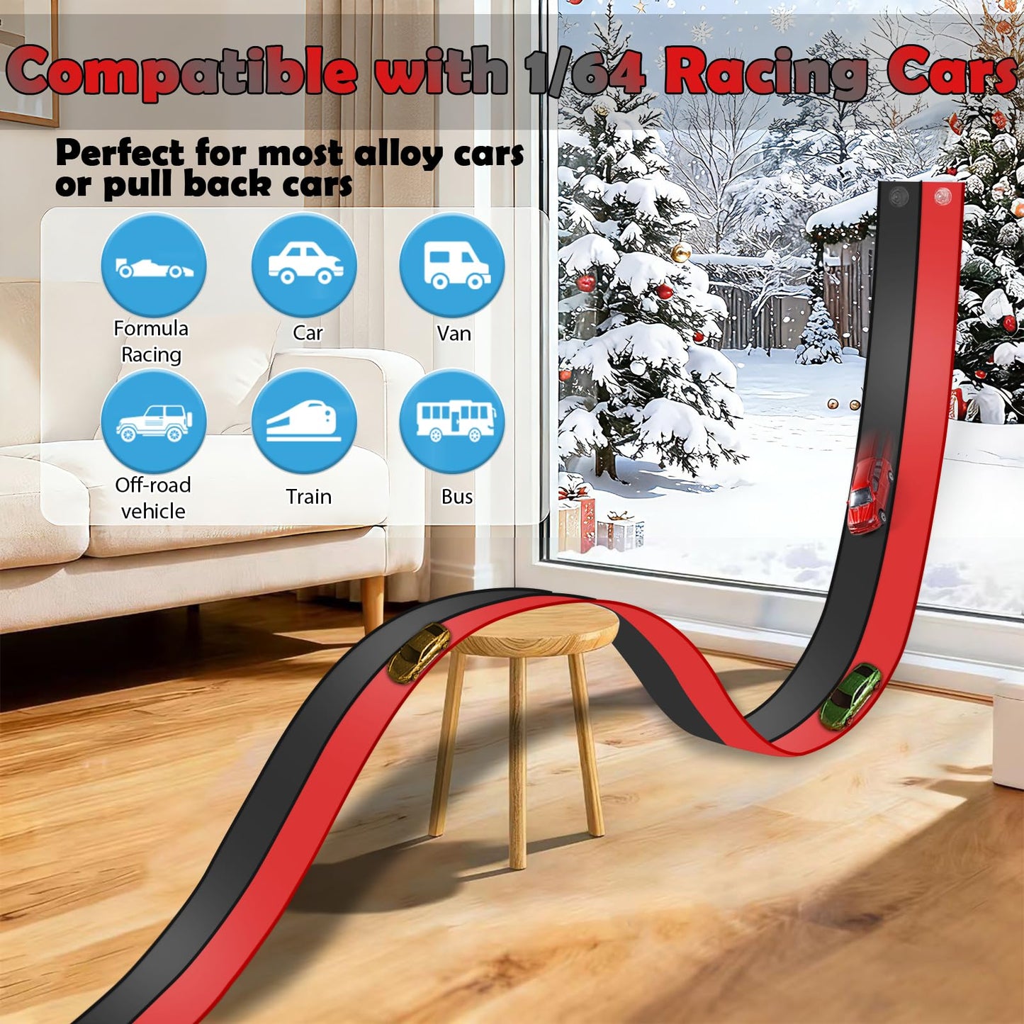 Flexible Race Track 15 Ft Starter Set, Flex Tracks for Kids 3+ with Strong Suction Cups, Flexible Car Race Ramp Track Compatible with Hot Wheels and Diecast 1/64 Cars, Portable Rolls Up Race Tracks