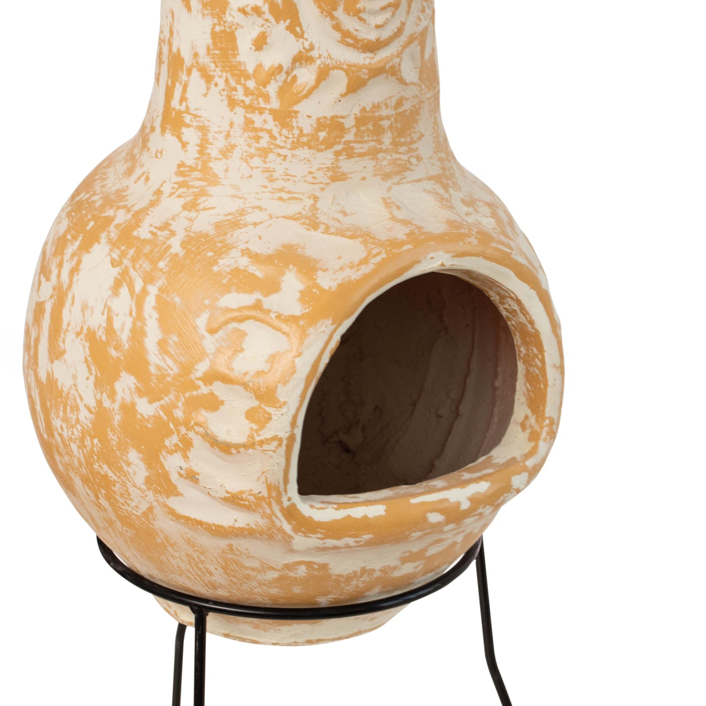 Outdoor Clay Chiminea Fireplace Sun Design Wood Burning Fire Pit with Sturdy Metal Stand, Barbecue, Cocktail Party, Cozy Nights Fire Pit (Beige)