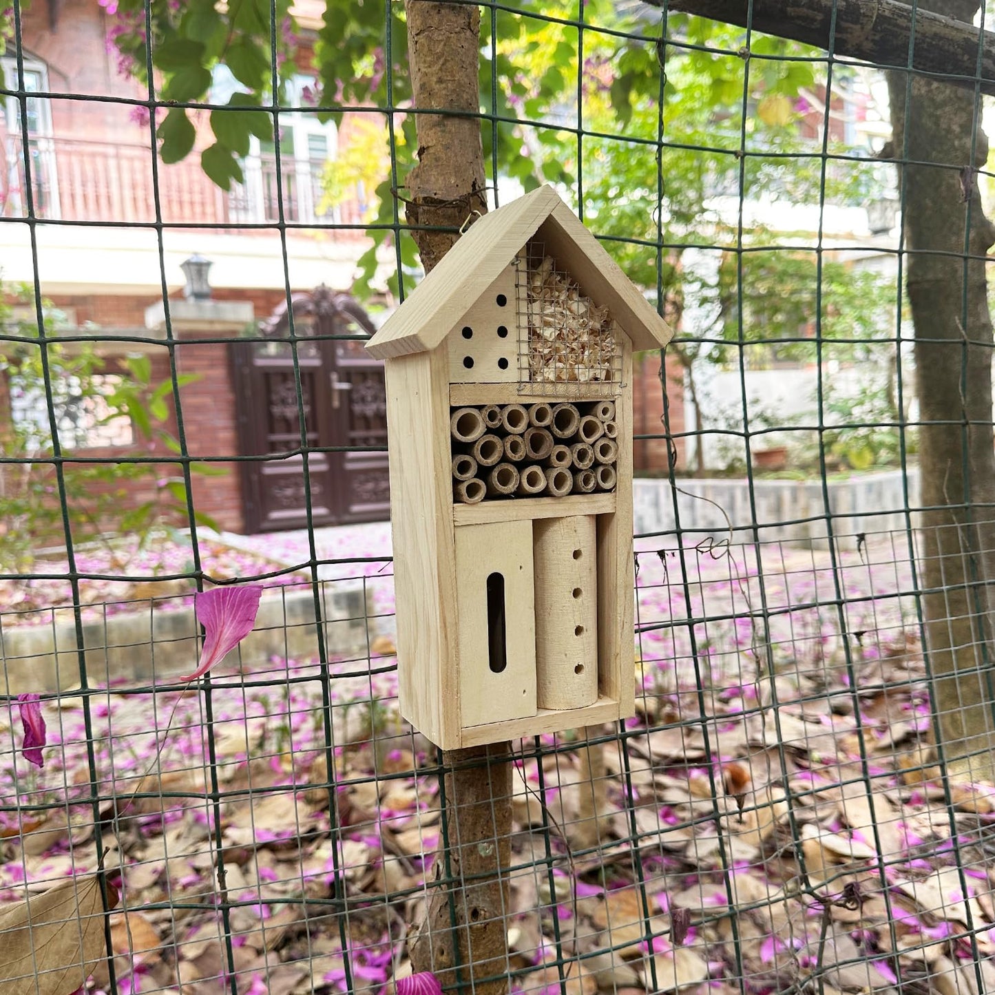 Wooden Insect Hotel for Garden - Bee House & Ladybug House, Pollinator Bug Hotel/Bug House to Attract Beneficial Garden Insects (Natural Wood Color)