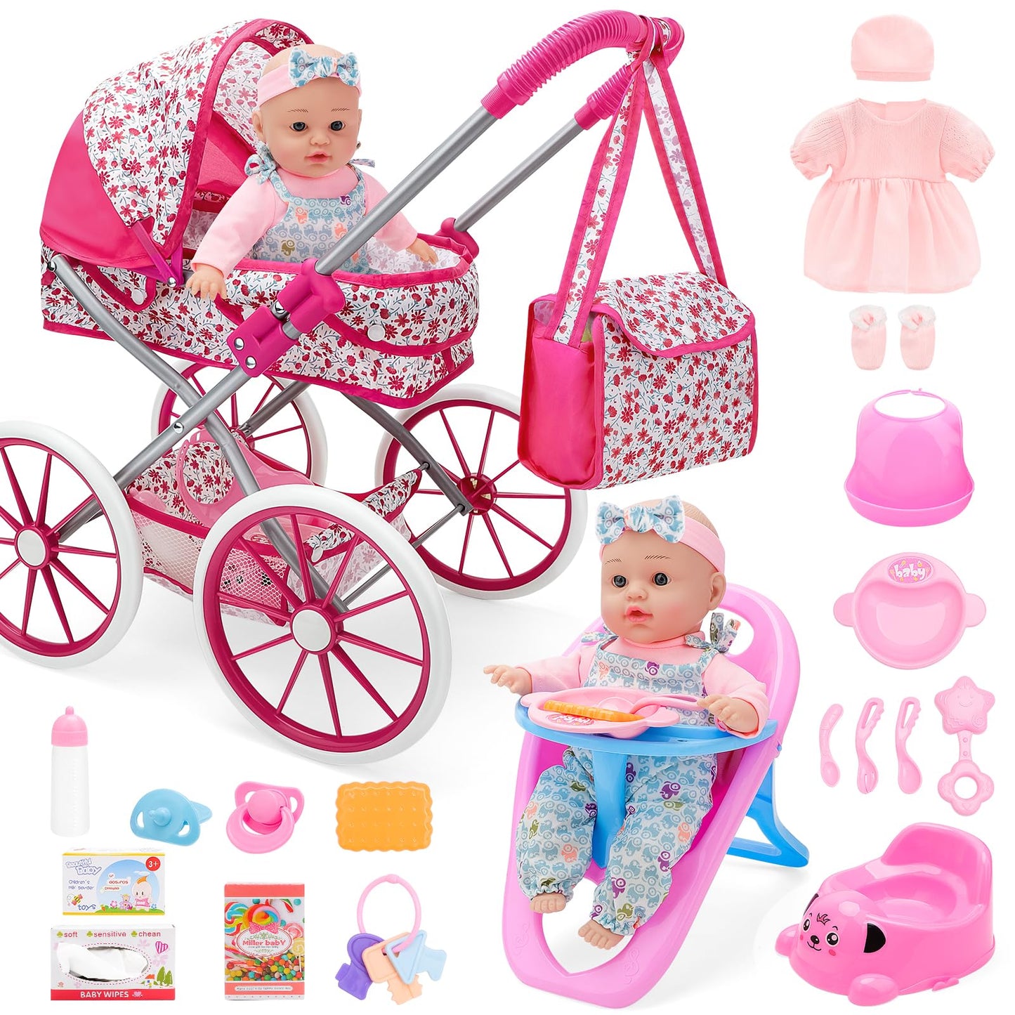 deAO Baby Doll Stroller Set Baby Doll Accessories Playset Pretend Play Toys with 12" Baby Doll,Foldable Stroller,2 Sets Doll Clothes High Chair Christmas Birthday Gift for Toddler Girls 3-7