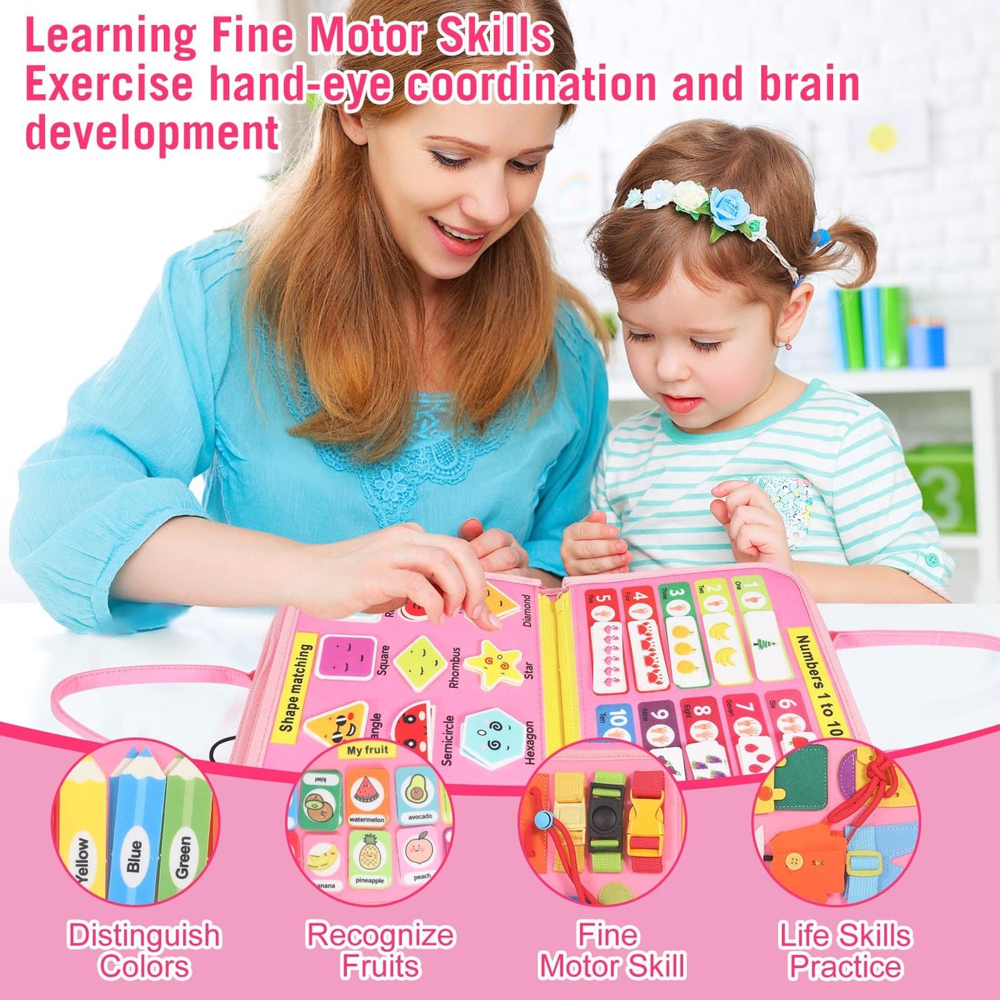 URBAN TOYS Montessori Busy Board - Ideal Busy Book Toddler Toys & Gifts for Boys & Girls, Toddler Travel Essential for Airplane & Car, Sensory Toys, Great for Baby Gifts for Boys