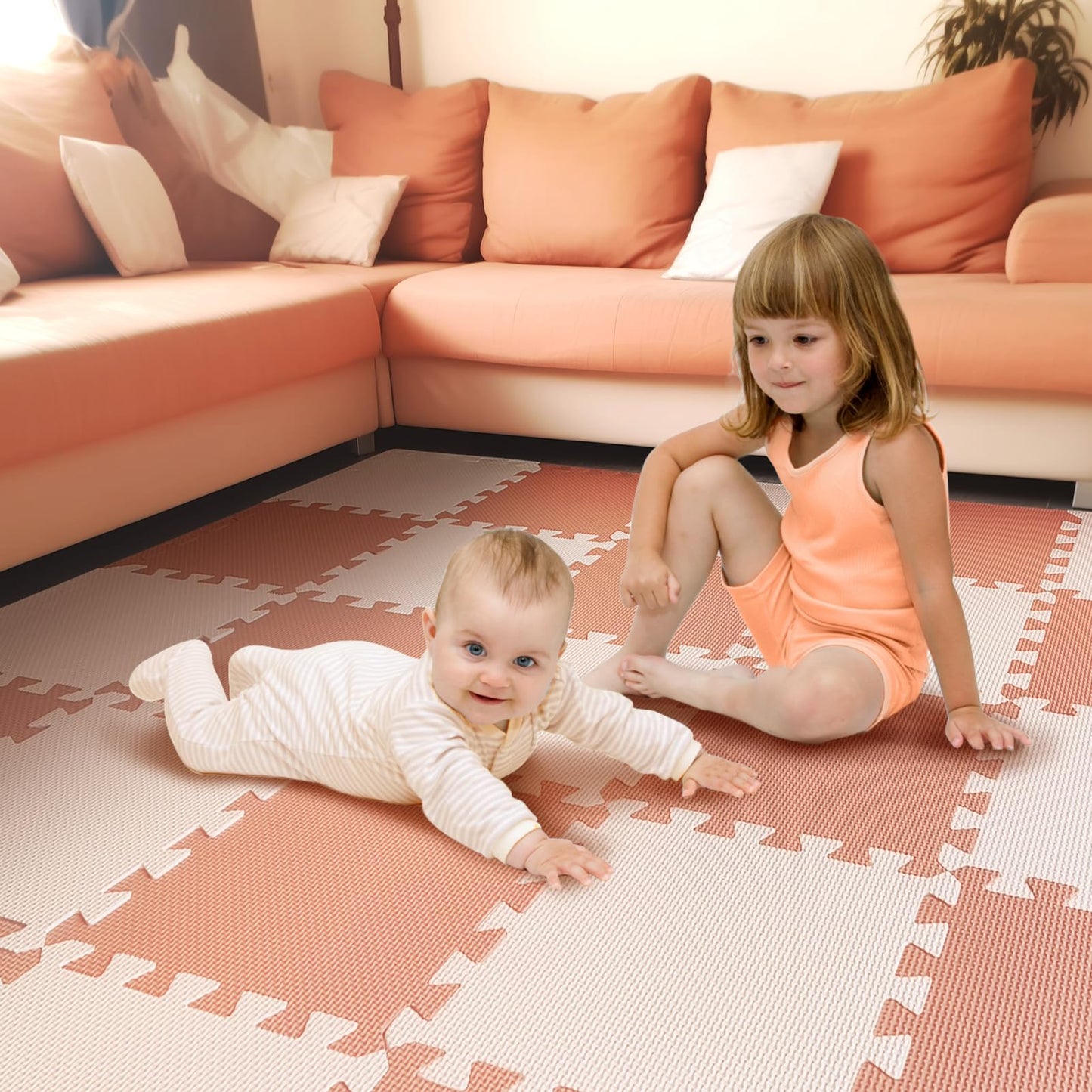 TCBunny Kids Soft EVA Foam Jigsaw Puzzle Play Mat, 36 Interlocking Tiles and Edges Baby Play Mat, for Kids Gym, Nursery, Playroom, Pet Mat, Total Floor Coverage 32 Sq Ft, Pink/Peach