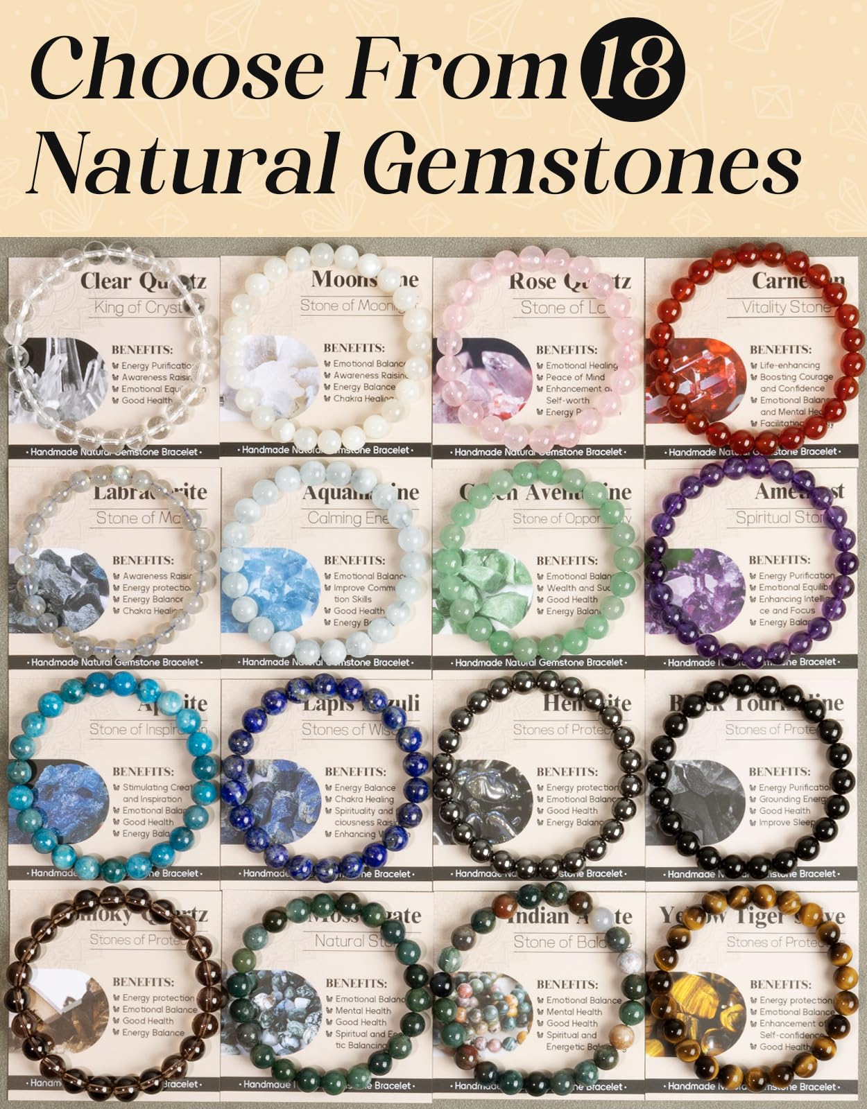 Landorilo Beaded Bracelet for Men Women, 8mm Natural Stone Smoky Quartz Healing Crystal Stretch Bracelets, Ideal Christmas Birthday Jewelry Gifts with Energy Card,Replacement Beads Included
