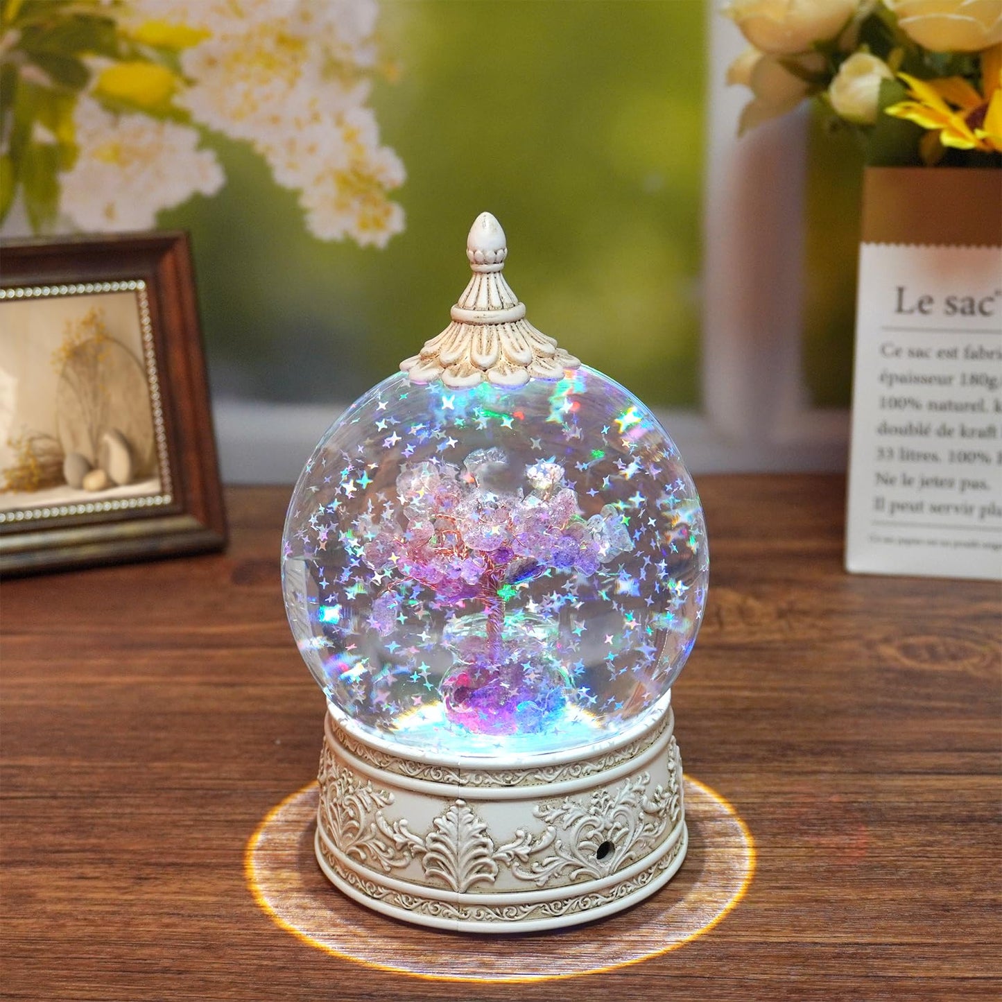 Strawberry Quartz Healing Crystal Tree Globe Colorful Lights and Glitter, Natural Gemstone Base, Spiritual Meditation, Positive Energy Good Luck, Home Decor, Birthday Gifts (Strawberry Quartz)