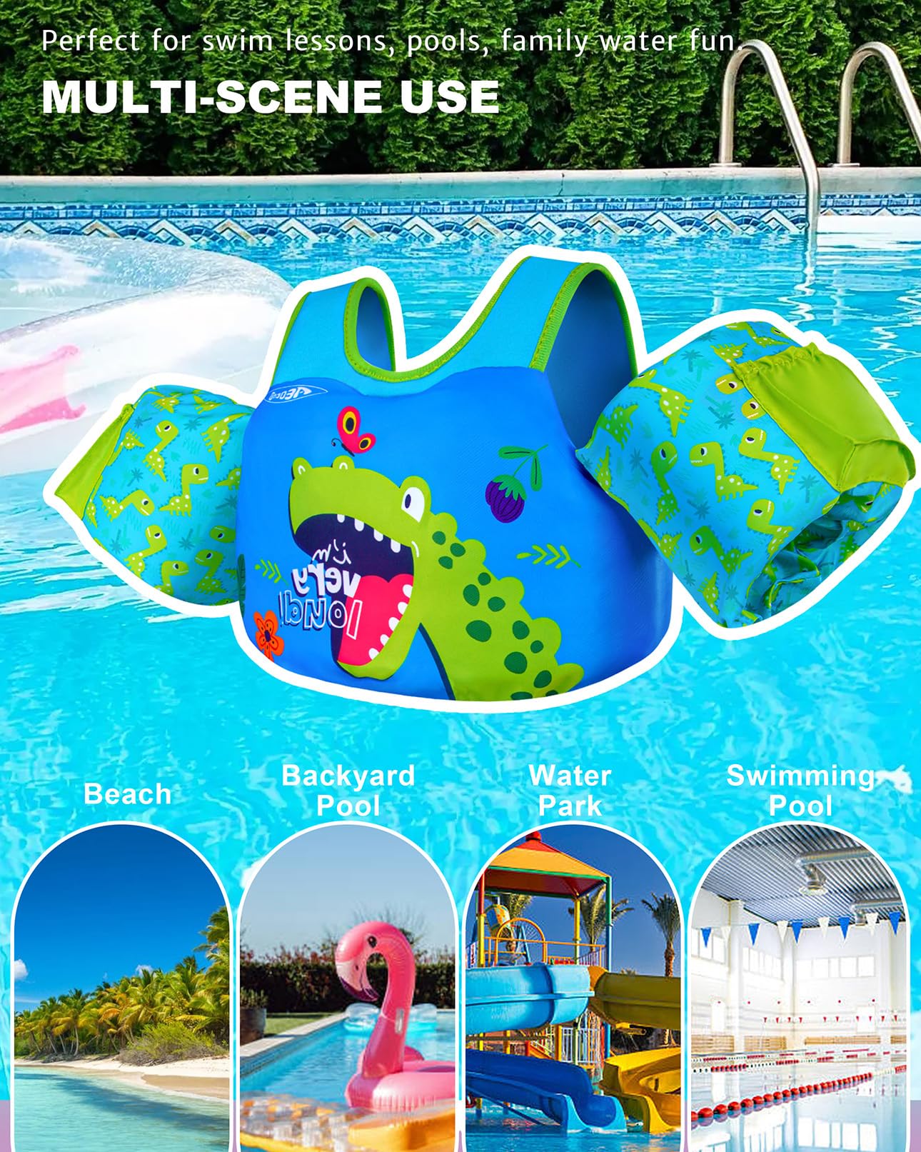 AEOCOO Puddle Float Jumper 20-30-50 Pounds, Toddler Swim Vest for 1-3-5 Years Old, Pool Floats with Swimming Arm Floaties Swim Jacket with Water Wings for Kids Swimmies, Boys, Girls, NiΓ±os, Dinosaur