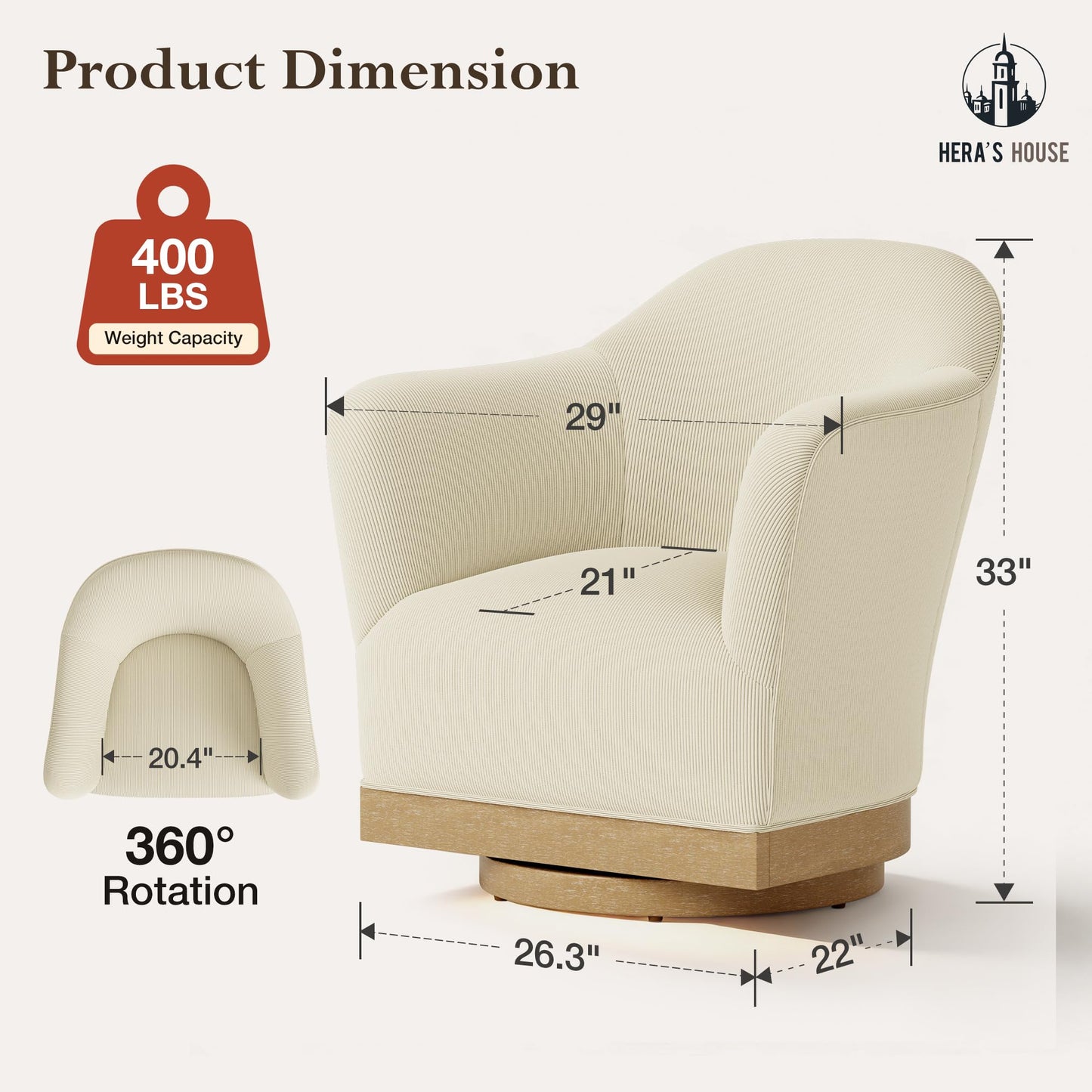 HERA'S HOUSE Swivel Barrel Accent Chair, Modern High-Back Armchair with 400 lbs Reinforced Support, 360°Smooth Swivel for Bedroom, Living Room, Plush Corduroy Upholstery, Fully Assembled, Beige