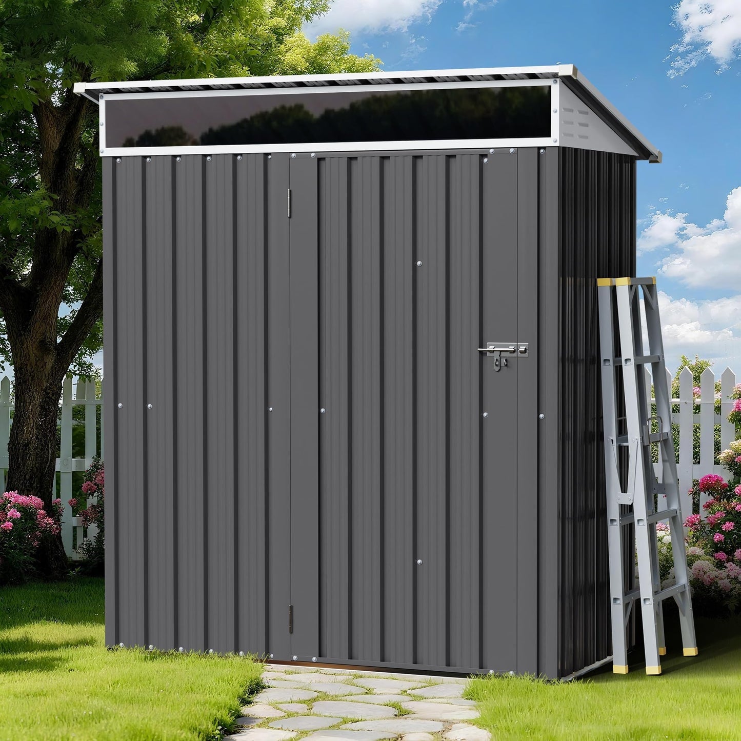 Shintenchi 5x3 FT Outdoor Storage Shed with Window, Outdoor Waterproof Storage Shed Metal Garden Shed with Lockable Single Door, Weather Resistant Tool Storage House Shed for Garden,Backyard,Dark Gray