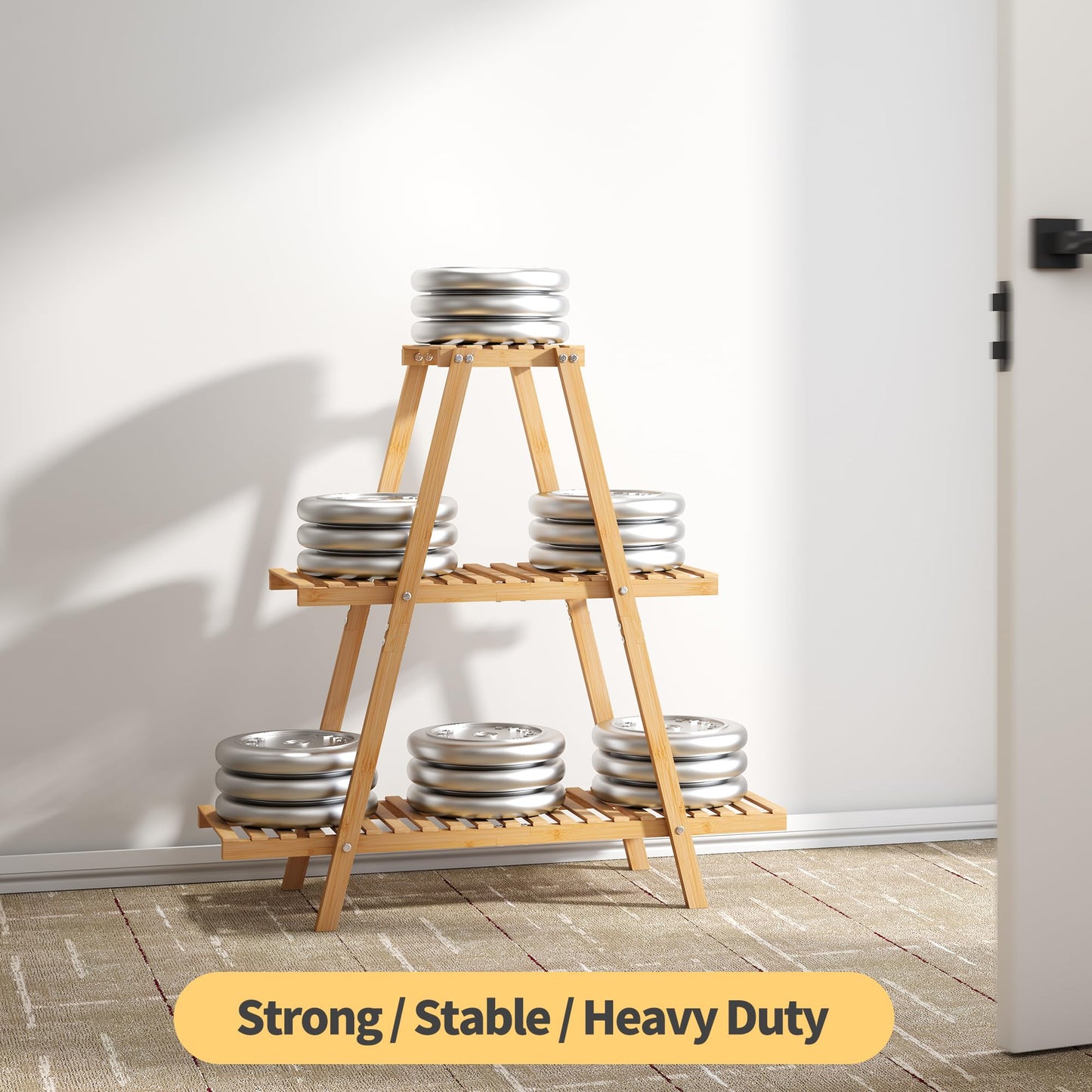 Furshus Bamboo Plant Stand - Indoor/Outdoor 3 Tier Plant Ladder, 8 Potted Flower Holder, Natural