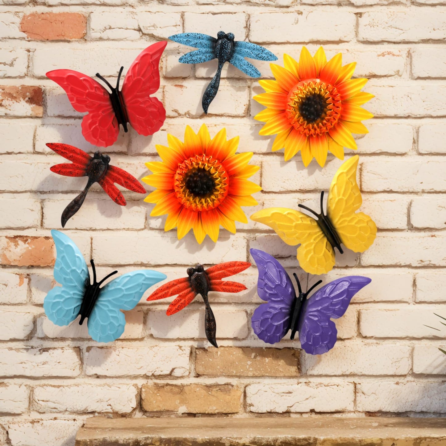 Pumtus 9 Pack Metal Flowers Wall Decor, Small Outdoor Fence Decoration, Butterfly Dragonfly Wall Art Ornament, Hanging Sunflower Animal Sculptures for Garden Patio Backyard Deck Home