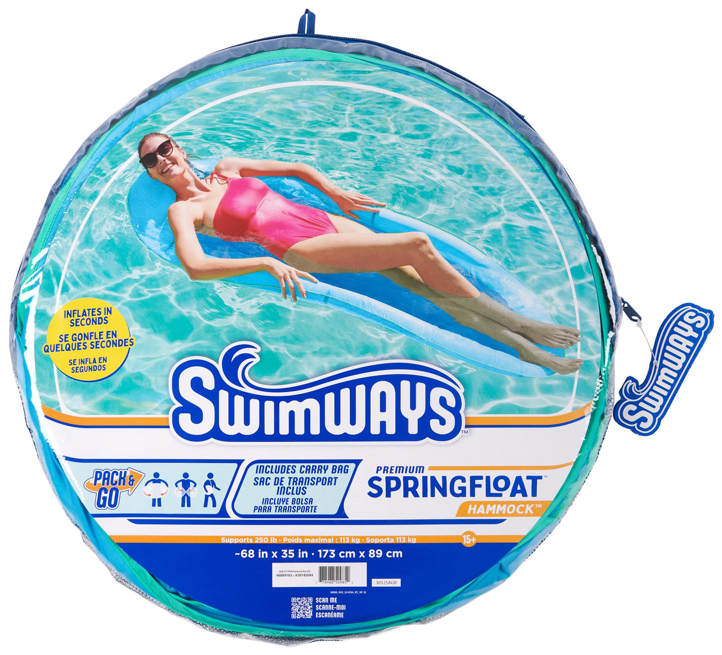 SwimWays Spring Float Premium Hammock Pool Lounger, Inflatable Pool Floats Adult with Fast Inflation for Ages 15 & Up, Sky Blue
