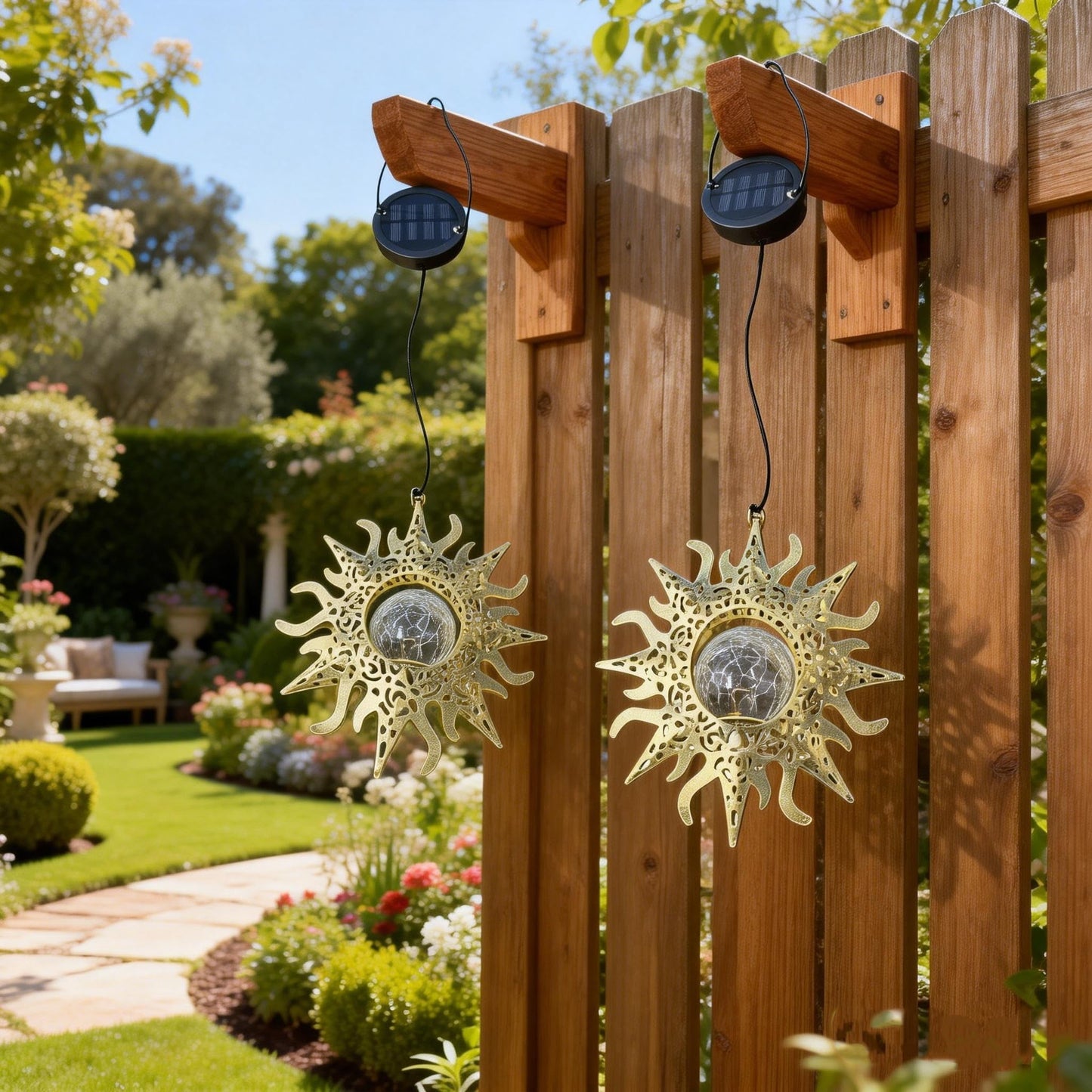 QCF Hanging Solar Sun Lights Outdoor Waterproof Decor, 2 Pack Metal Daystar Shell & Glass LED Globe Lanterns for Garden, Backyard, Balcony, Patio, Tree, Wall, Mother's Day Gifts for Women Mom