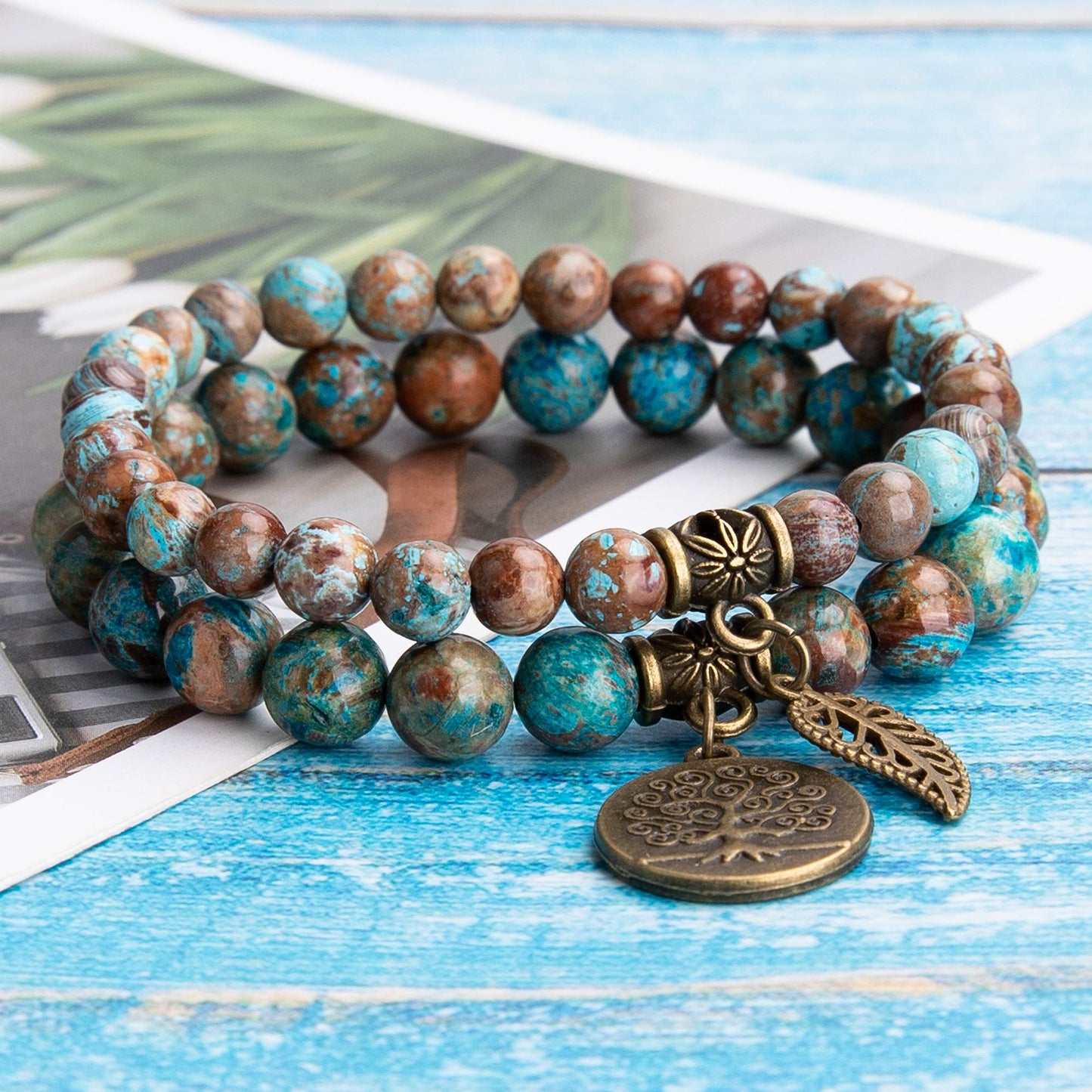 Bivei Natural Semi Precious Gemstone Beads Bracelet for Women - Life Tree and Leaf Charm Chakra Energy Anxiety Stretch Bracelets(Blue Lace Agate Beads)