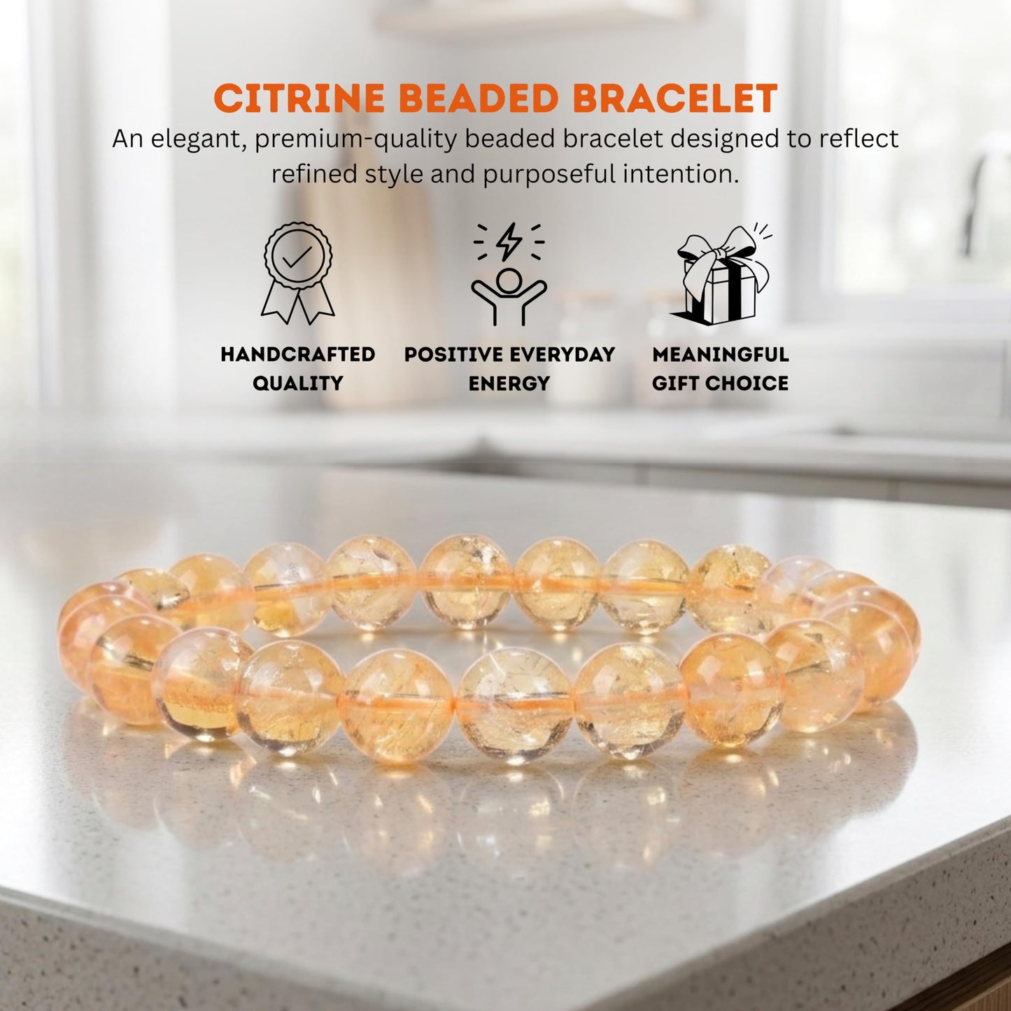 Cherry Tree Collection Citrine Beaded Bracelet – Genuine 8mm Gemstone Stretch Bracelet for Men & Women – Handmade Crystal Bracelet - (Citrine - M)