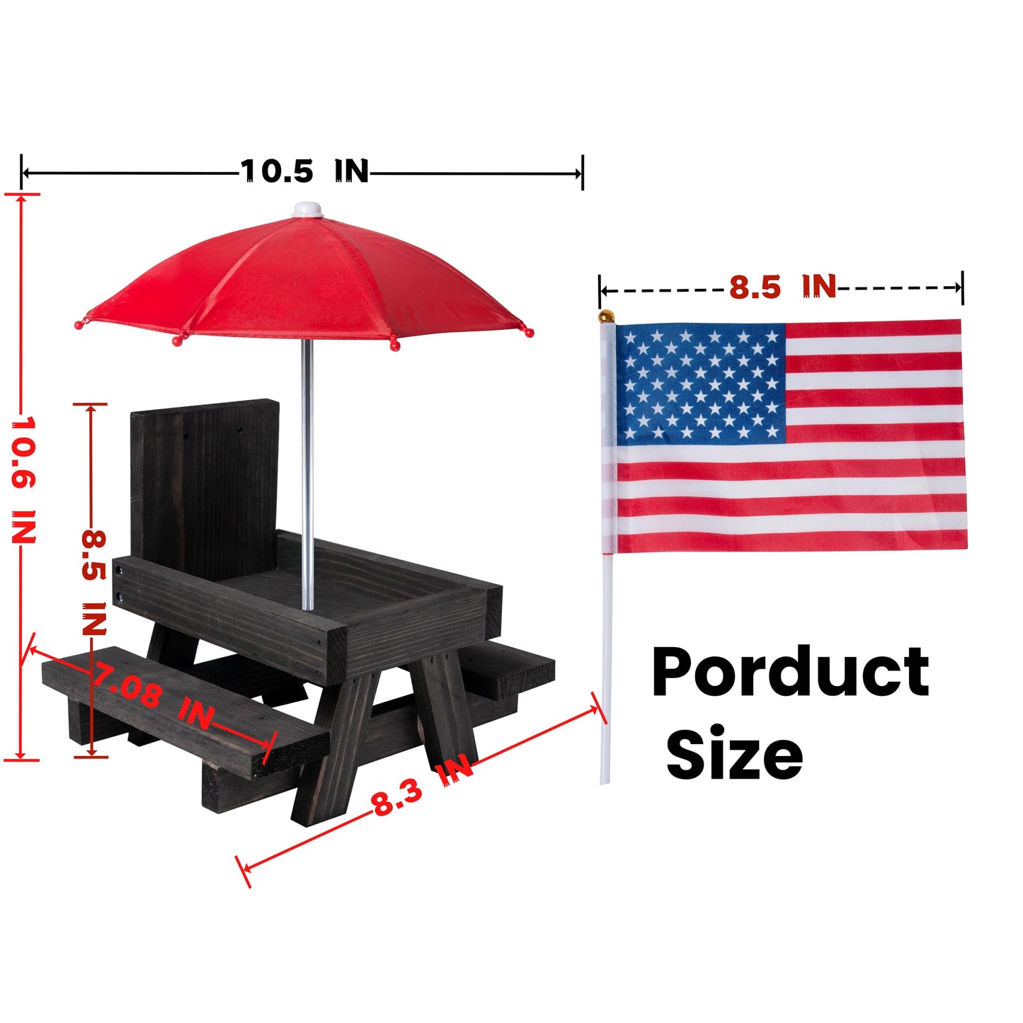 Squirrel Feeder Picnic Table, Squirrel Feeders for Outside with Umbrella and Flag, Black Wood Squirrel Feeder with Corn Cob Holder Cute Chipmunk Feeder for Yard and Porch Decoration