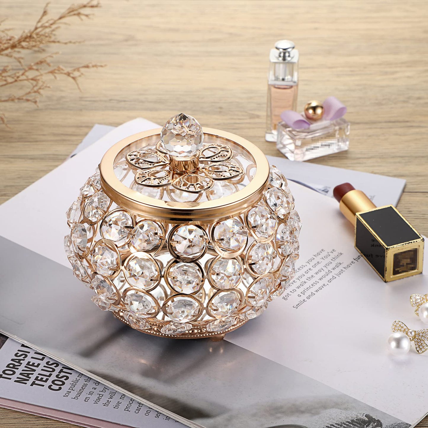Hipiwe Crystal Jewelry Box with Glass Lid Small Trinket Organizer Mirrored Treasure Box Ring Holder Earrings Necklace Storage Box Keepsake Gift Box for Home Dresser Decor, Gold