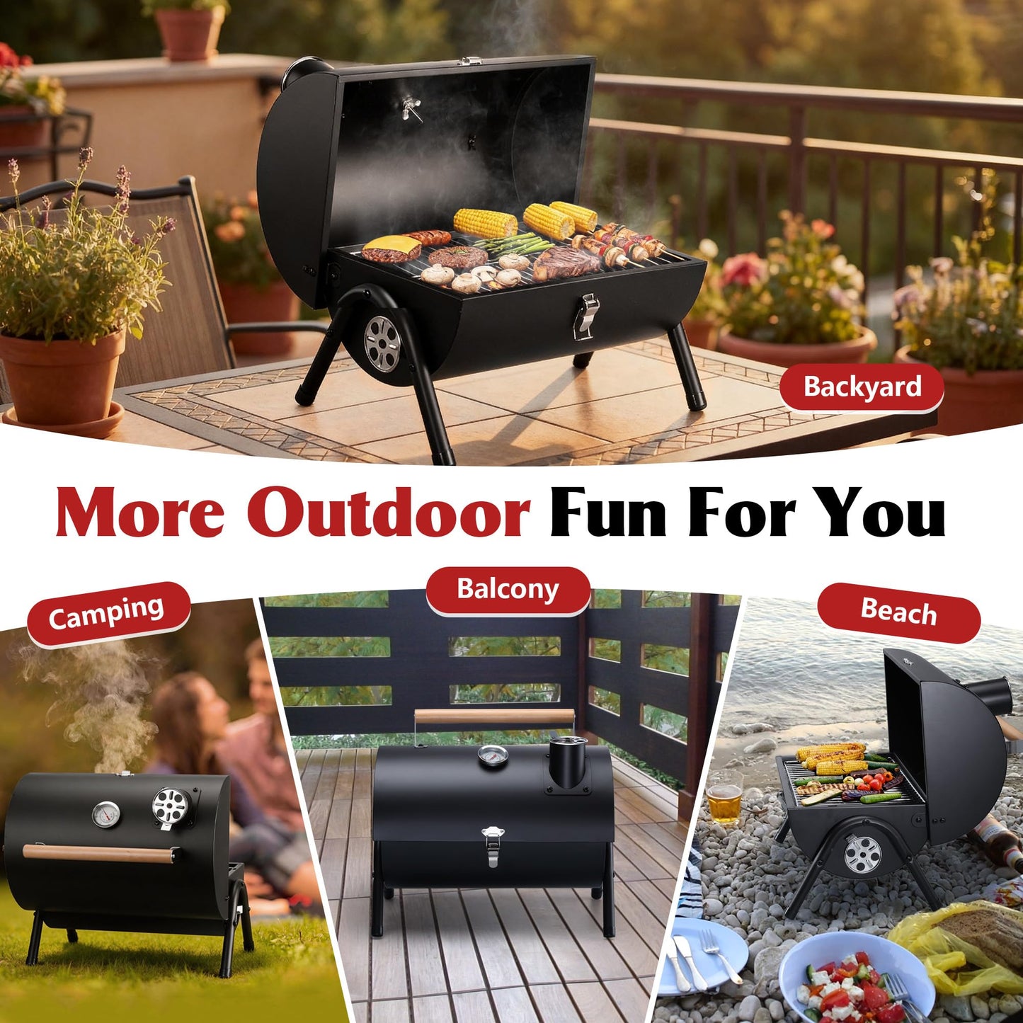 Portable Charcoal Grill with Thermometer, HaSteeL Small Tabletop Barbecue Grill Smoker for Outdoor Camping Backyard Beach BBQ, 117 Square Inches Cooking Area, Thick Steel, Screwdriver, Black