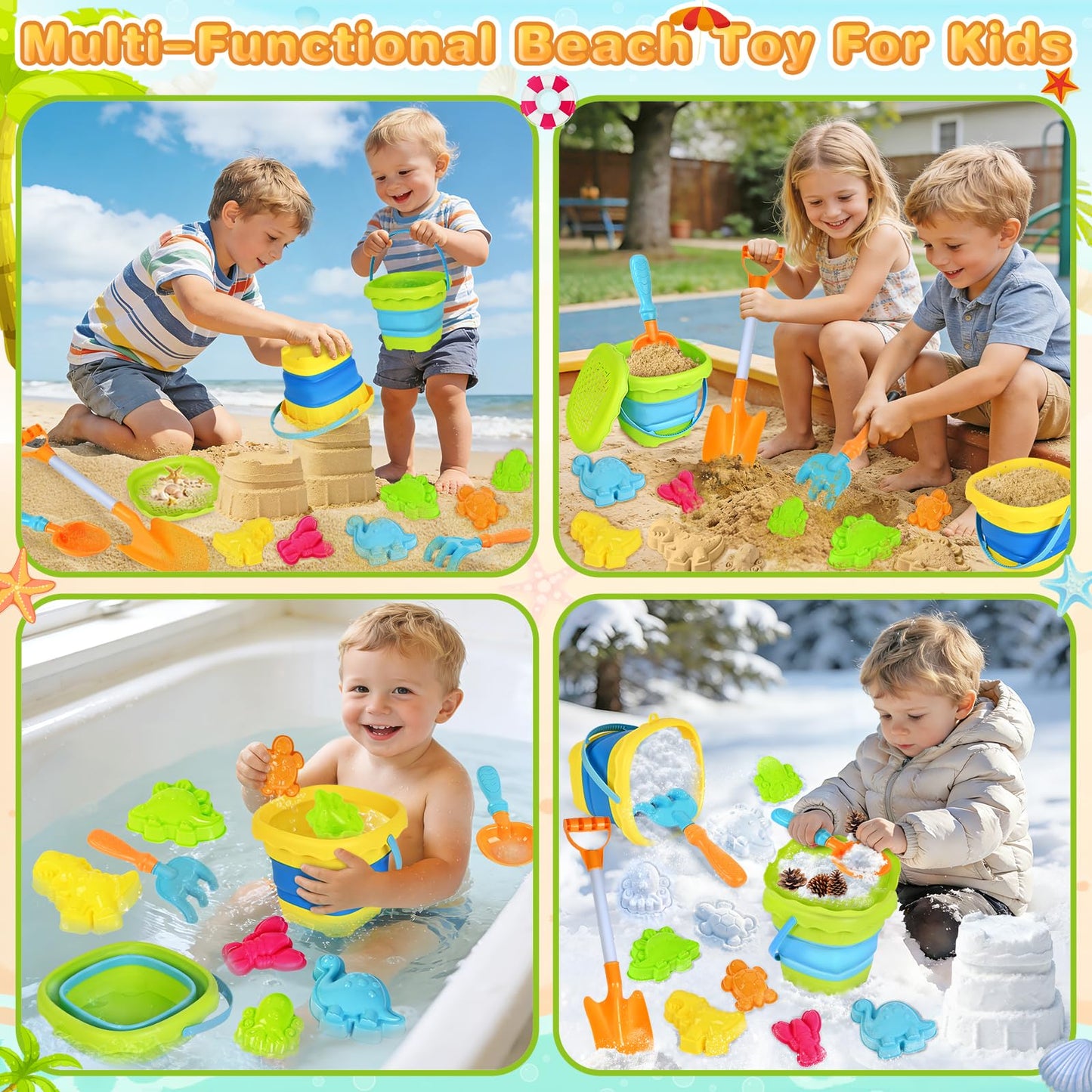 AuroTops Beach Toys for Kids,Collapsible Beach Buckets and Shovels Set with Mesh Bag,Sand Rake Toy,Cute Sand Molds for Kids and Toddlers Outdoor Toys,Summer Travel Beach Game Set