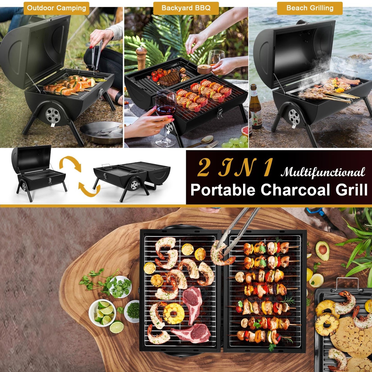 Joyfair Portable Charcoal Grill (2 IN 1 Double-Sided), Small Tabletop Barbecue Grill with Food Tray & Rack for Outdoor Camping Home Patio BBQ Grilling, Heavy Duty & Multi-use, Easy Assembly (230Sq.in)
